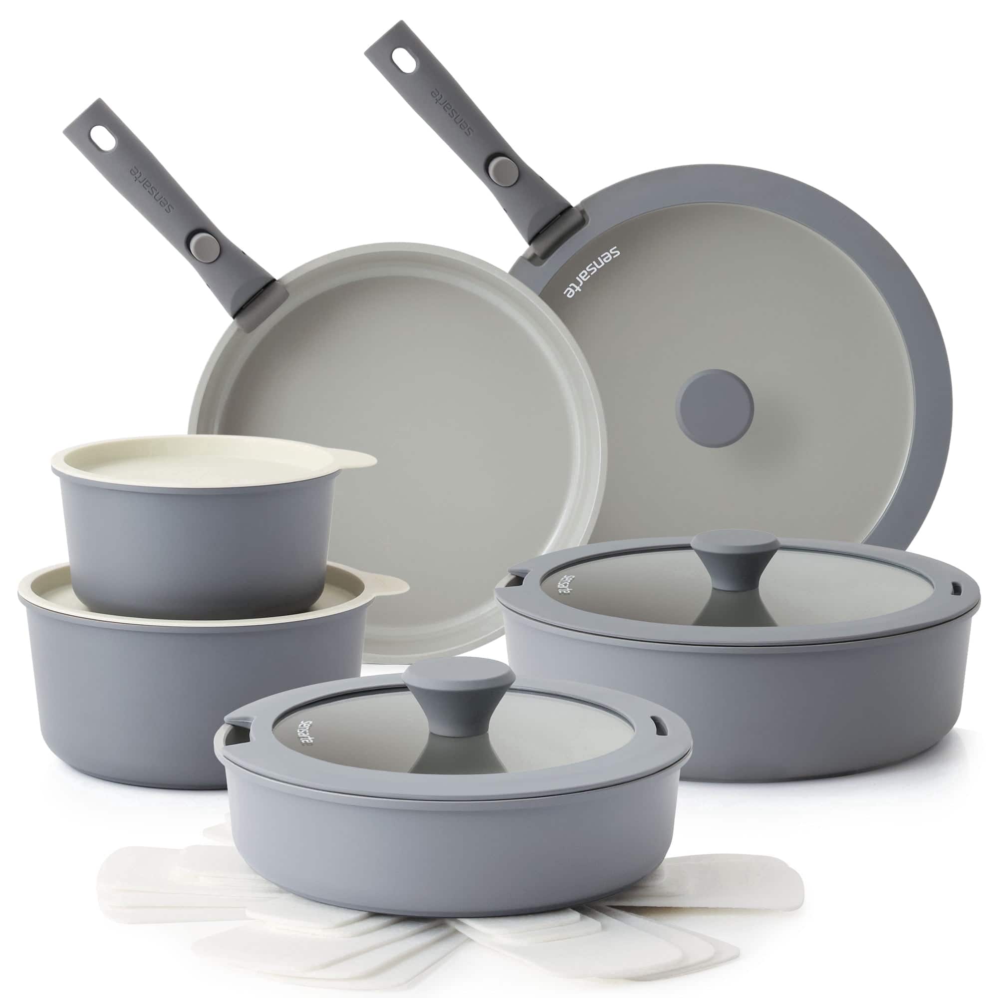 SENSARTE - 18Pcs Nonstick Pots and Pans Set with Detachable Handle, Induction Compatible, Stackable, Dishwasher/Oven Safe - Gray