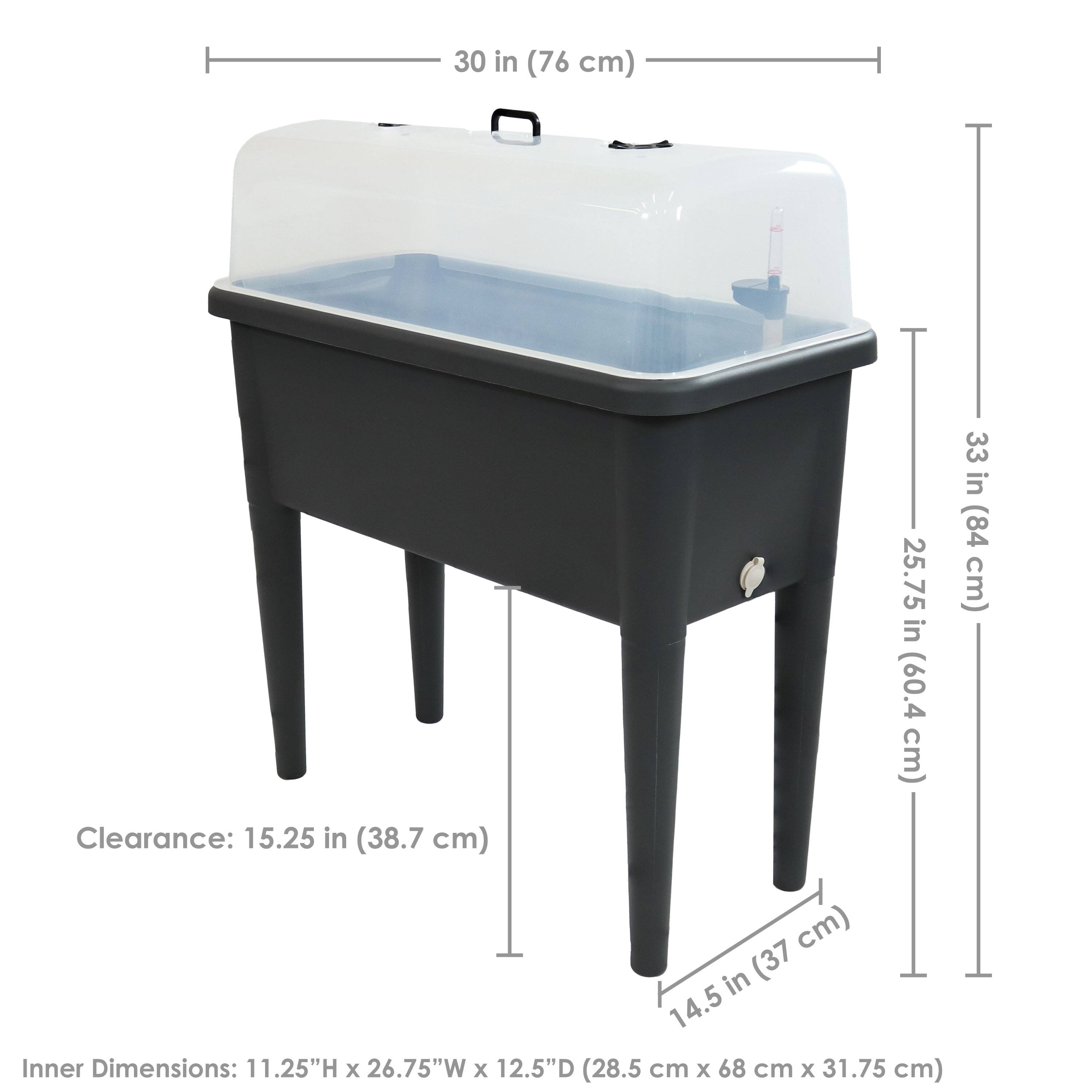 - **Width:** 30 in (76 cm)
- **Depth:** 25.75 in (60.4 cm)
- **Height:** 33 in (84 cm)
- **Clearance:** 15.25 in (38.7 cm)
- **Inner Dimensions:** 11.25 in (28.5 cm) H x 26.75 in (68 cm) W x 12.5 in (31.75 cm) D
- **Leg Width:** 14.5 in (37 cm)