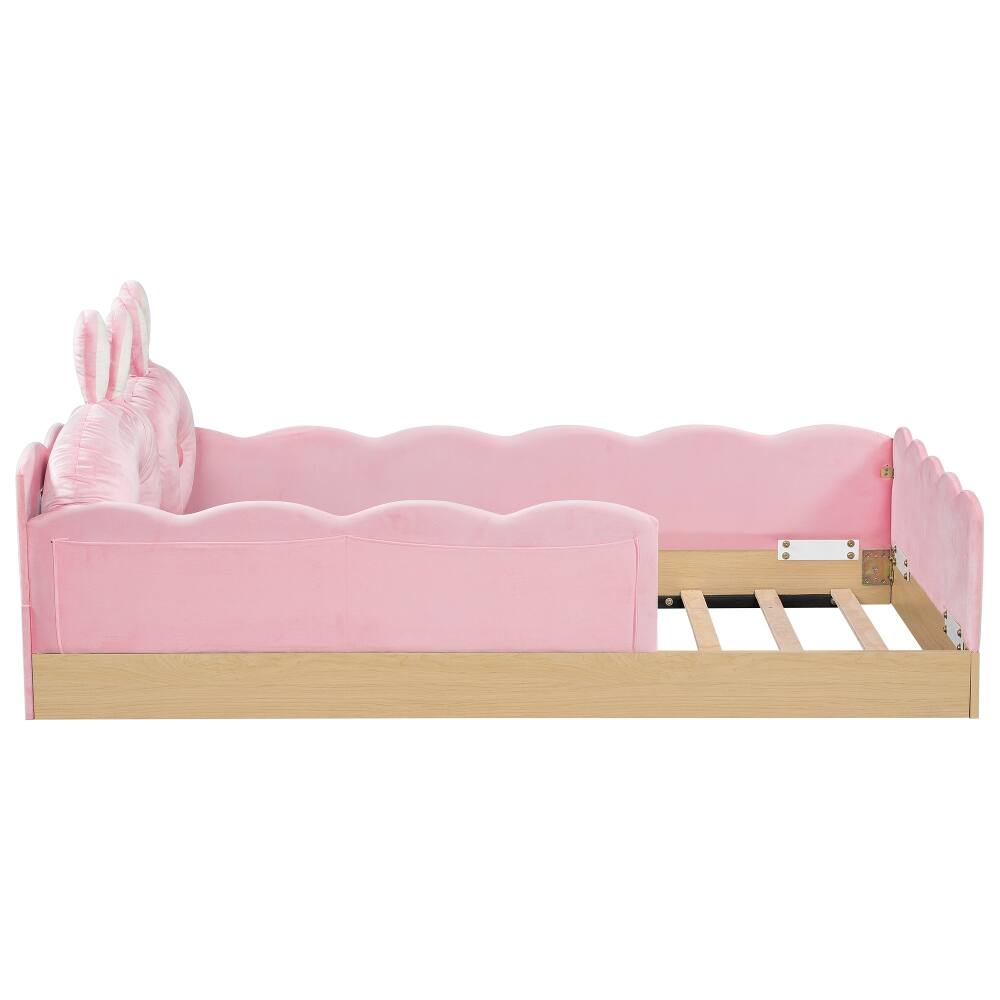 Alt View 9. Loheer - Loheer Twin Upholstered Platform Bed Pink Velvet Kids Bed - Pink.
