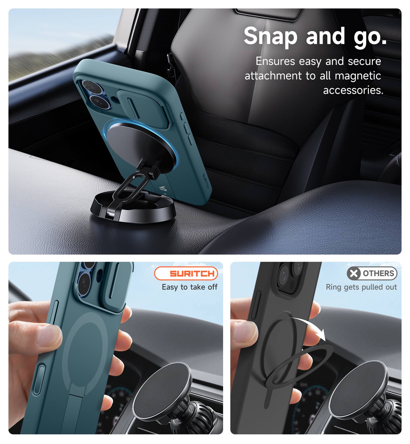 Snap and go.  
Ensures easy and secure attachment to all magnetic accessories.  

SURITCH  
Easy to take off  

OTHERS  
Ring gets pulled out