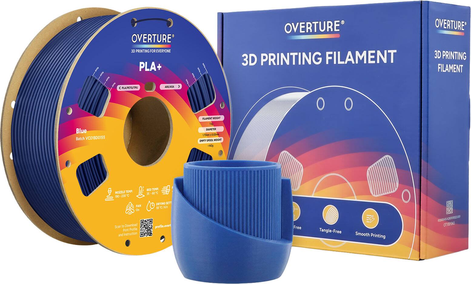 OVERTURE 3D PRINTING FOR EVERYONE PLA+  
OVERTURE 3D PRINTING FILAMENT  
OVERTURE 3D PRINTING FILAMENT PLA/PETG/TPU ABS/ASA  

Blue Batch VC01BD0155  
FILAMENT WEIGHT 1kg  
DIAMETER 1.75mm ± 0.05mm  
EMPTY SPOOL WEIGHT 142g  
NOZZLE TEMP. 190-230°C  
FAN On  
BED TEMP. 35-60°C  
DRYING SETT 55°C/6h  
profile.overt  

Free Tangle-Free Smooth Printing  

Scan to Download Print Profile and Instruction  

1200545250012  
T100134