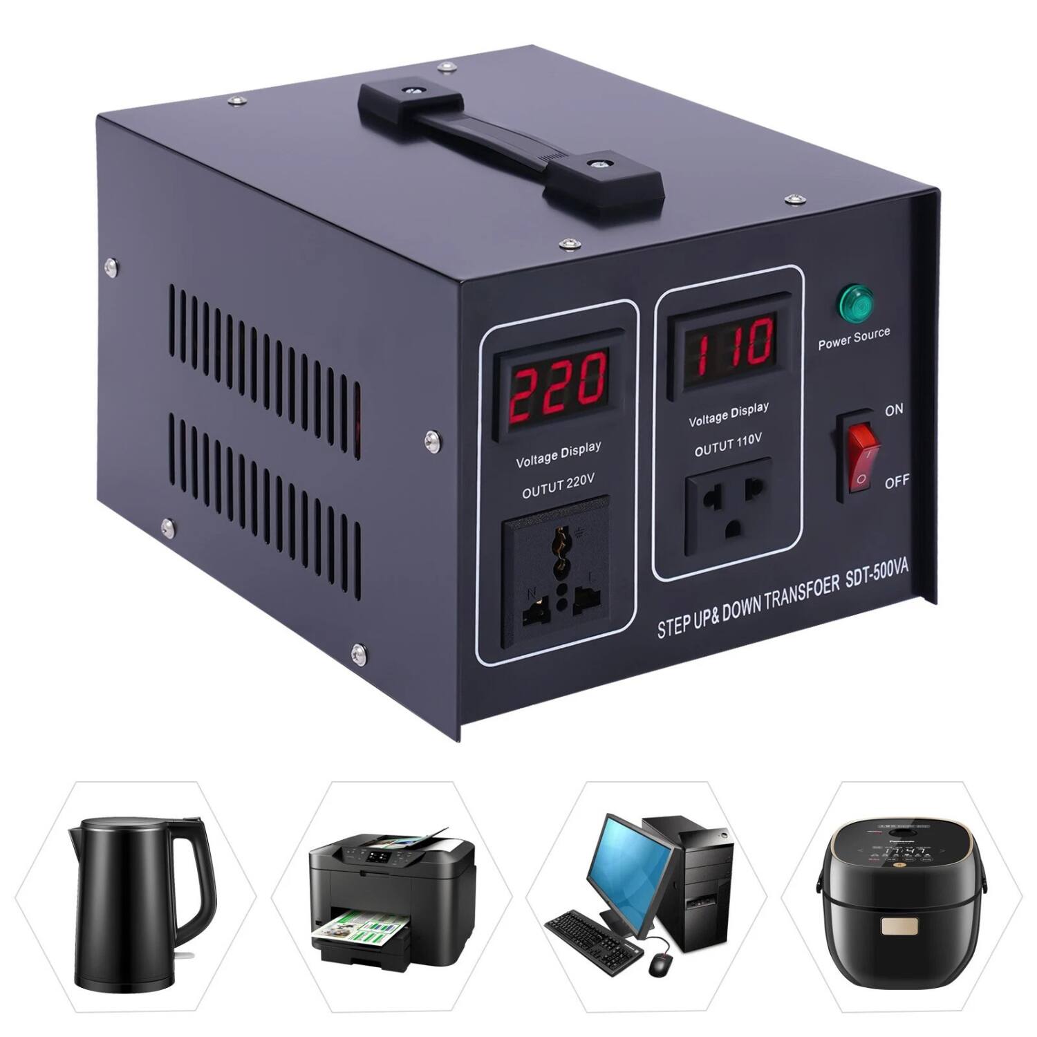 220  
Voltage Display  
OUTPUT 220V  

110  
Voltage Display  
OUTPUT 110V  

Power Source  
ON  
OFF  

STEP UP & DOWN TRANSFORMER SDT-500VA