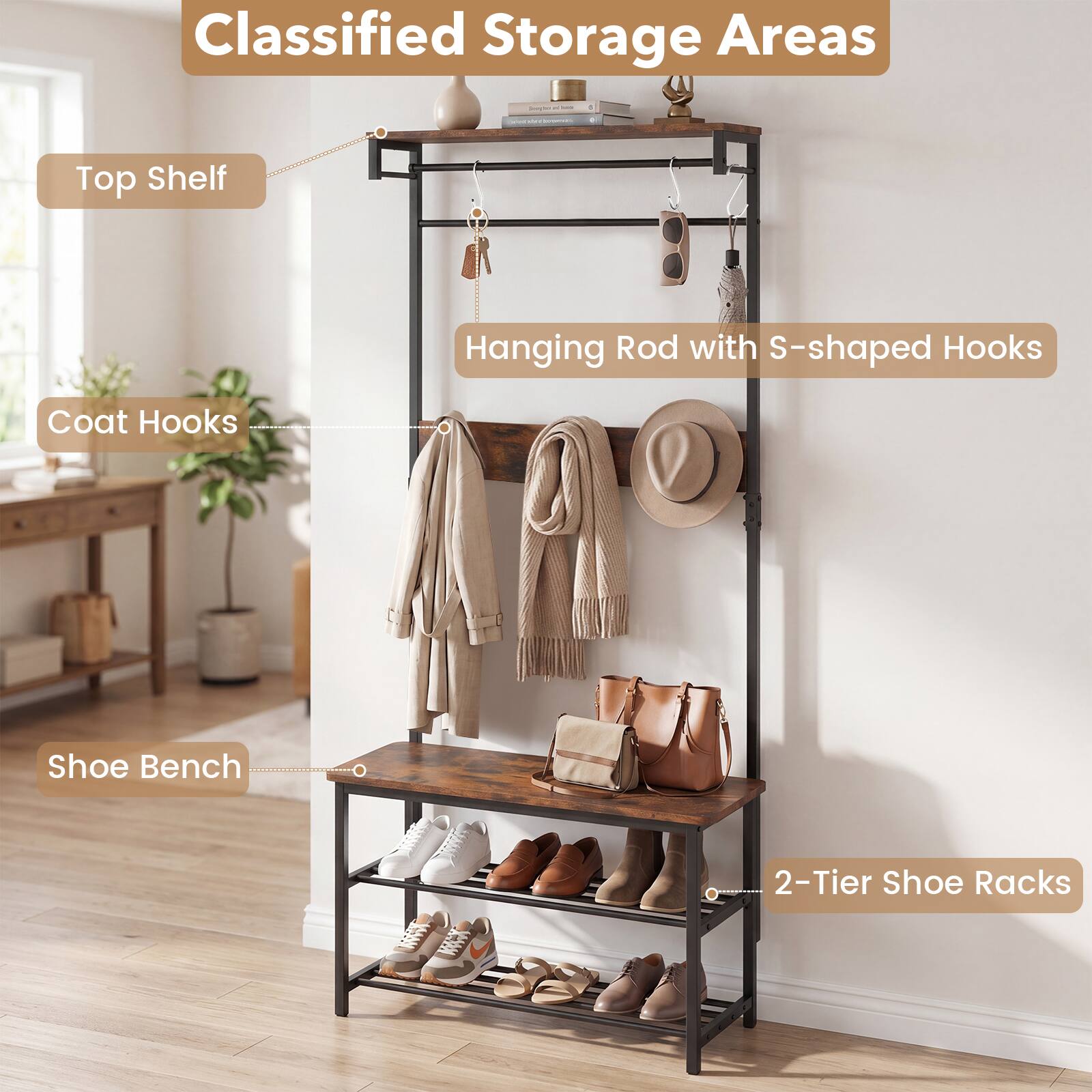 Classified Storage Areas

- Top Shelf
- Hanging Rod with S-shaped Hooks
- Coat Hooks
- Shoe Bench
- 2-Tier Shoe Racks