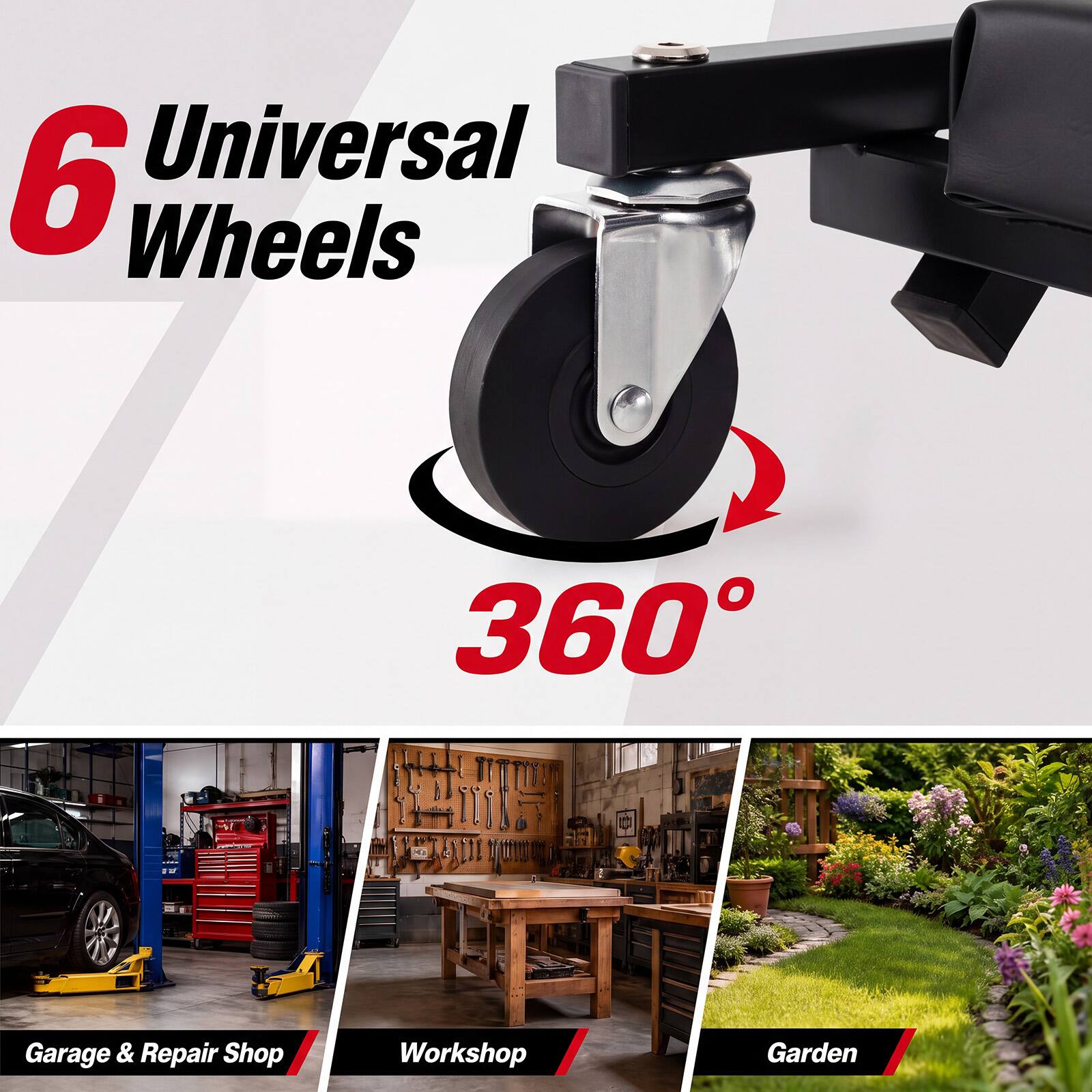 6 Universal Wheels

360°

LP

Garage & Repair Shop

Workshop

Garden