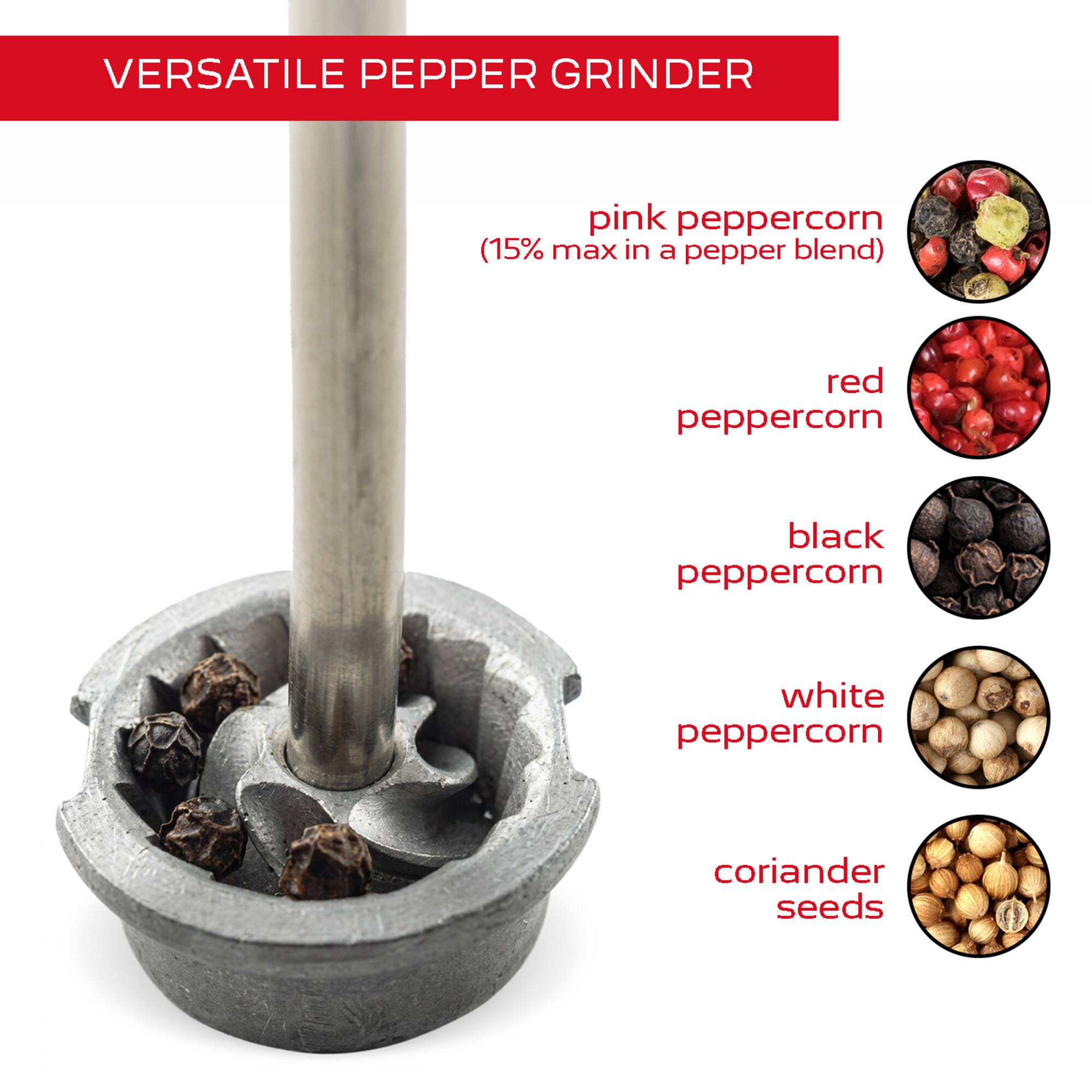 VERSATILE PEPPER GRINDER

pink peppercorn (15% max in a pepper blend)
red peppercorn
black peppercorn
white peppercorn
coriander seeds
