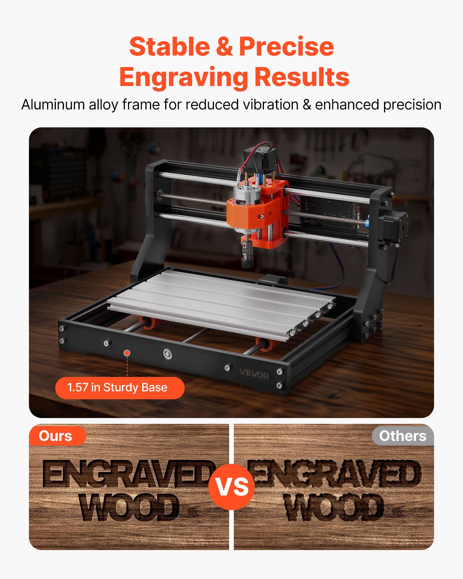 Stable & Precise Engraving Results  
Aluminum alloy frame for reduced vibration & enhanced precision  

1.57 in Sturdy Base  

Ours  
ENGRAVED WOOD  

vs  

Others  
ENGRAVED WOOD