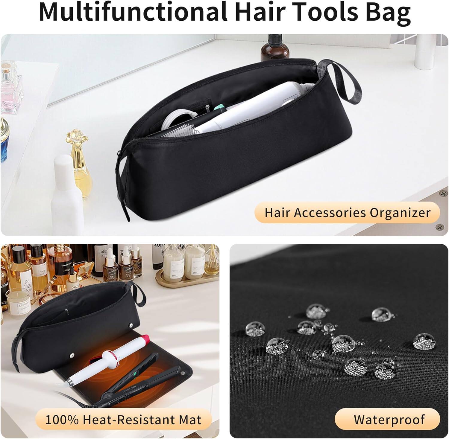 Multifunctional Hair Tools Bag, Hair Accessories Organizer, 100% Heat-Resistant Mat, Waterproof