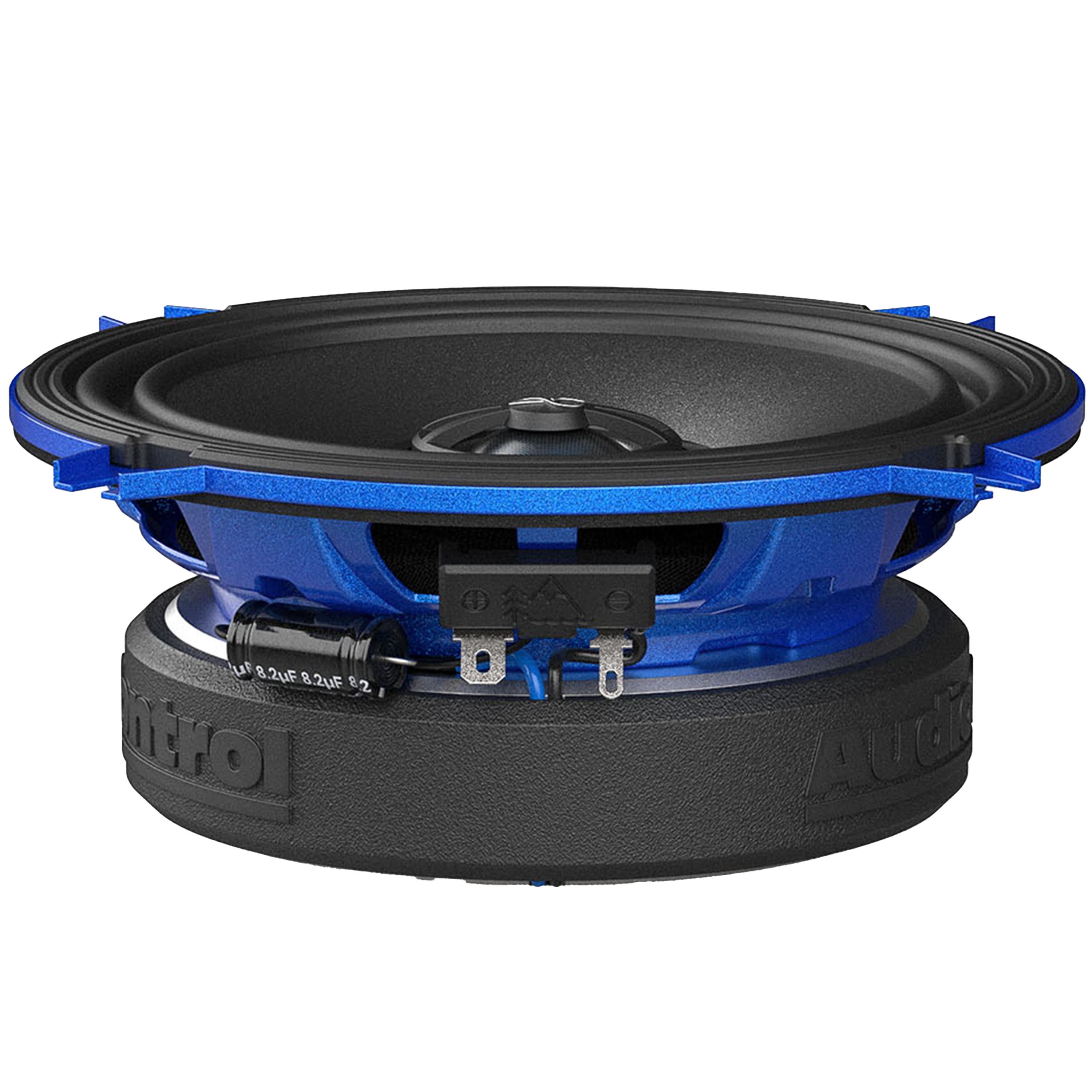 The text on the image reads "8.2uF 8.2uF 82 I io Aud." However, it is not clear what this text represents or what it is referring to. It could be a description of the speaker or a technical specification.