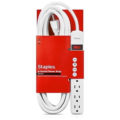 Staples 6-Outlet Power Strip

- 6 outlets
- 15A
- 120V
- 18ft cord
- 3ft cord
- 1200W
- 1200VA
- 1200W surge protection
- 1200VA surge protection