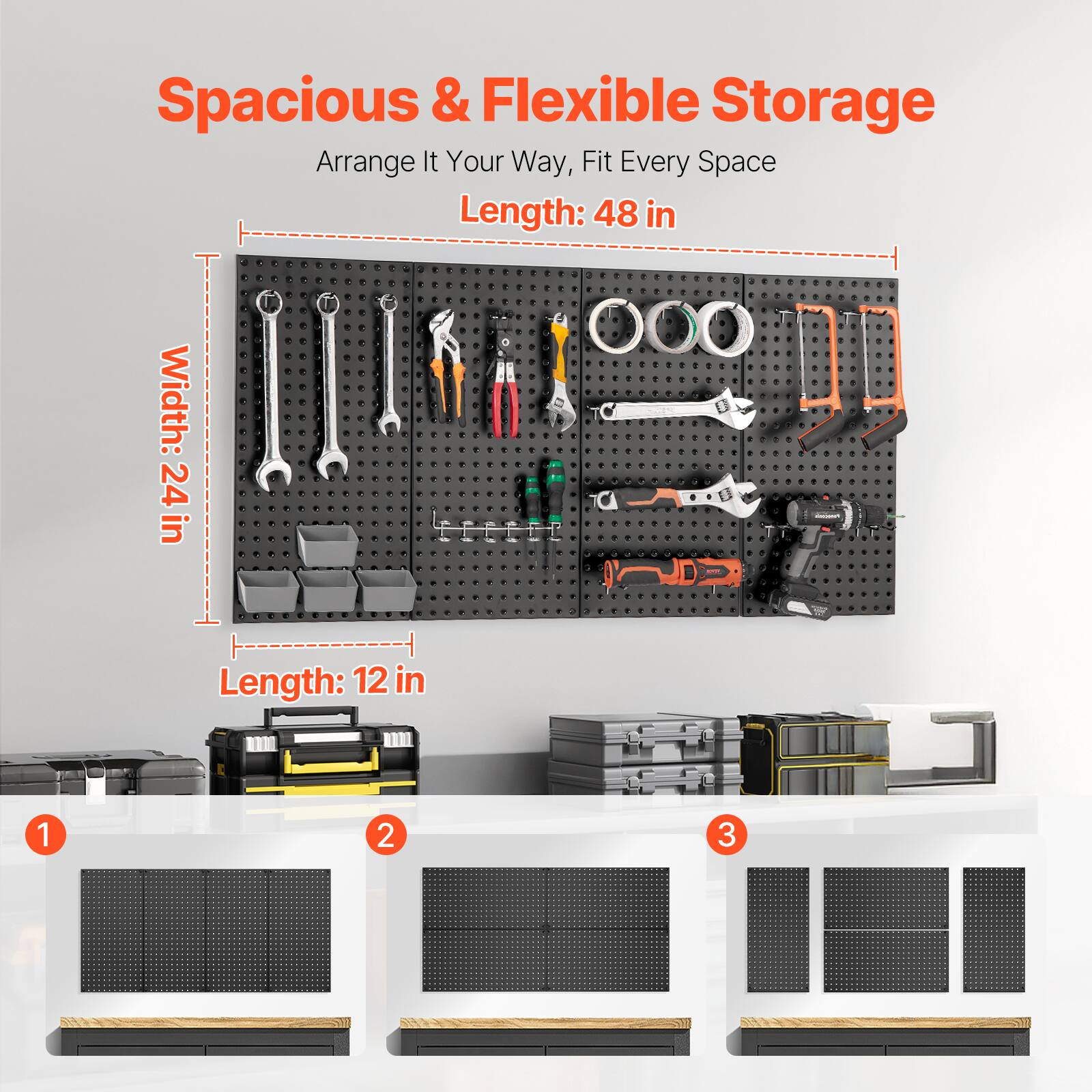 Spacious & Flexible Storage  
Arrange It Your Way, Fit Every Space  

Length: 48 in  
Width: 24 in  
Length: 12 in  

1  
2  
3