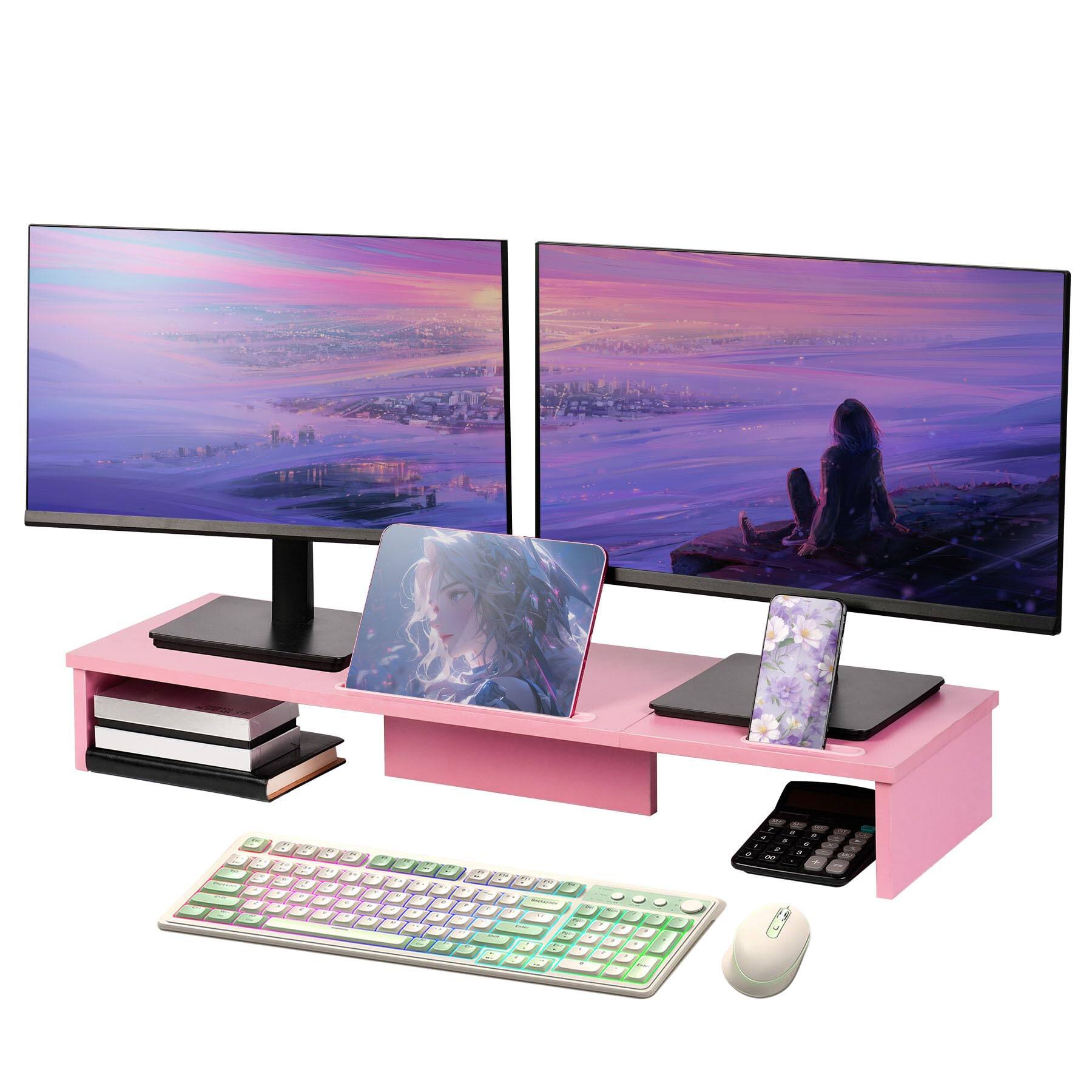 Front. Cedar Assembly - Dual Monitor Stand Riser With Led Lights And Phone Tablet Holder 35.8in Large For Desk Computer 2 Monitors - 35.7" Pink.