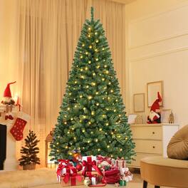 Costway - 8 FT Christmas Tree with 1182 PVC Branch Tips 400 Warm White LED Lights Gloves - Green