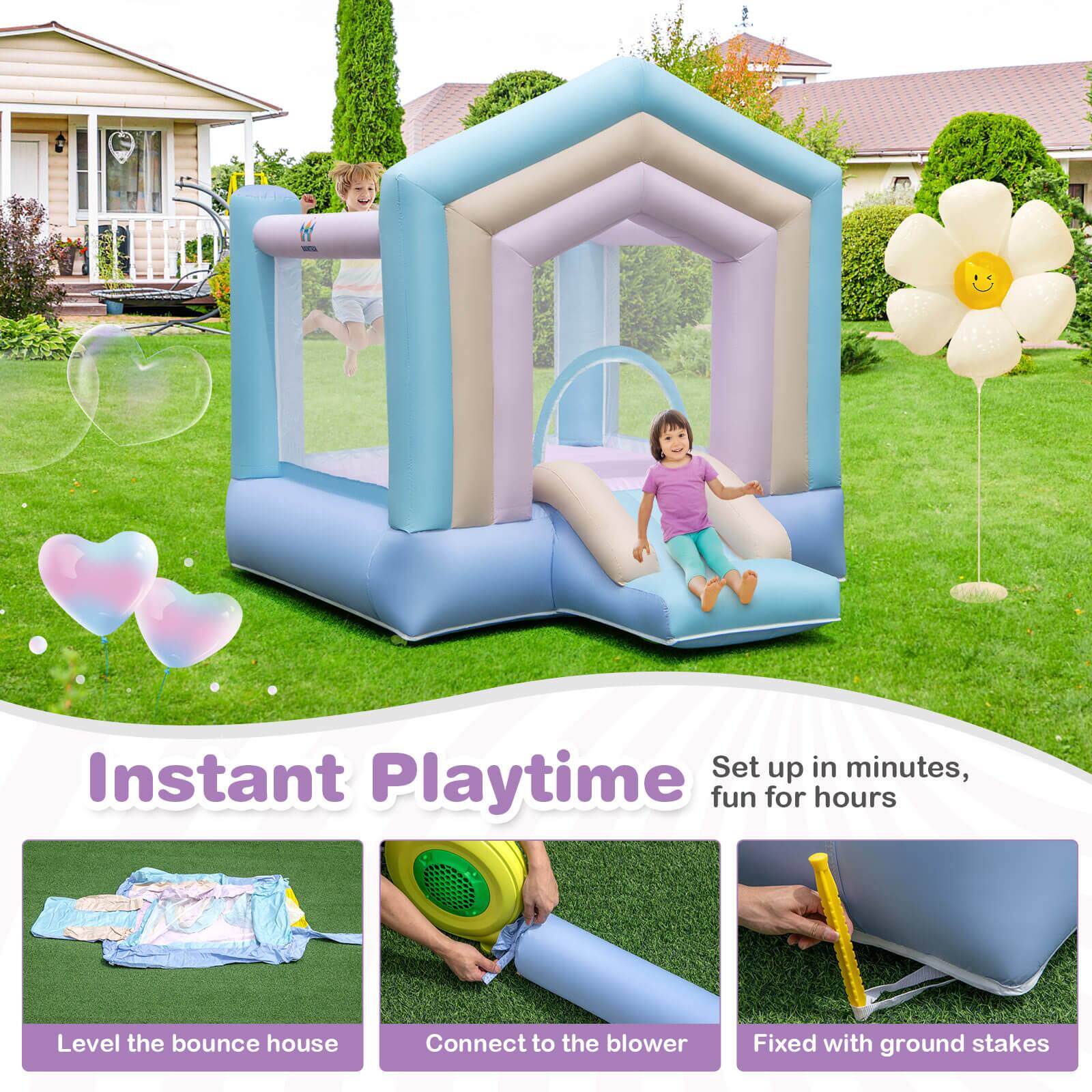 Instant Playtime: Set up in minutes, fun for hours. Level the bounce house, connect to the blower, and fix with ground stakes.
