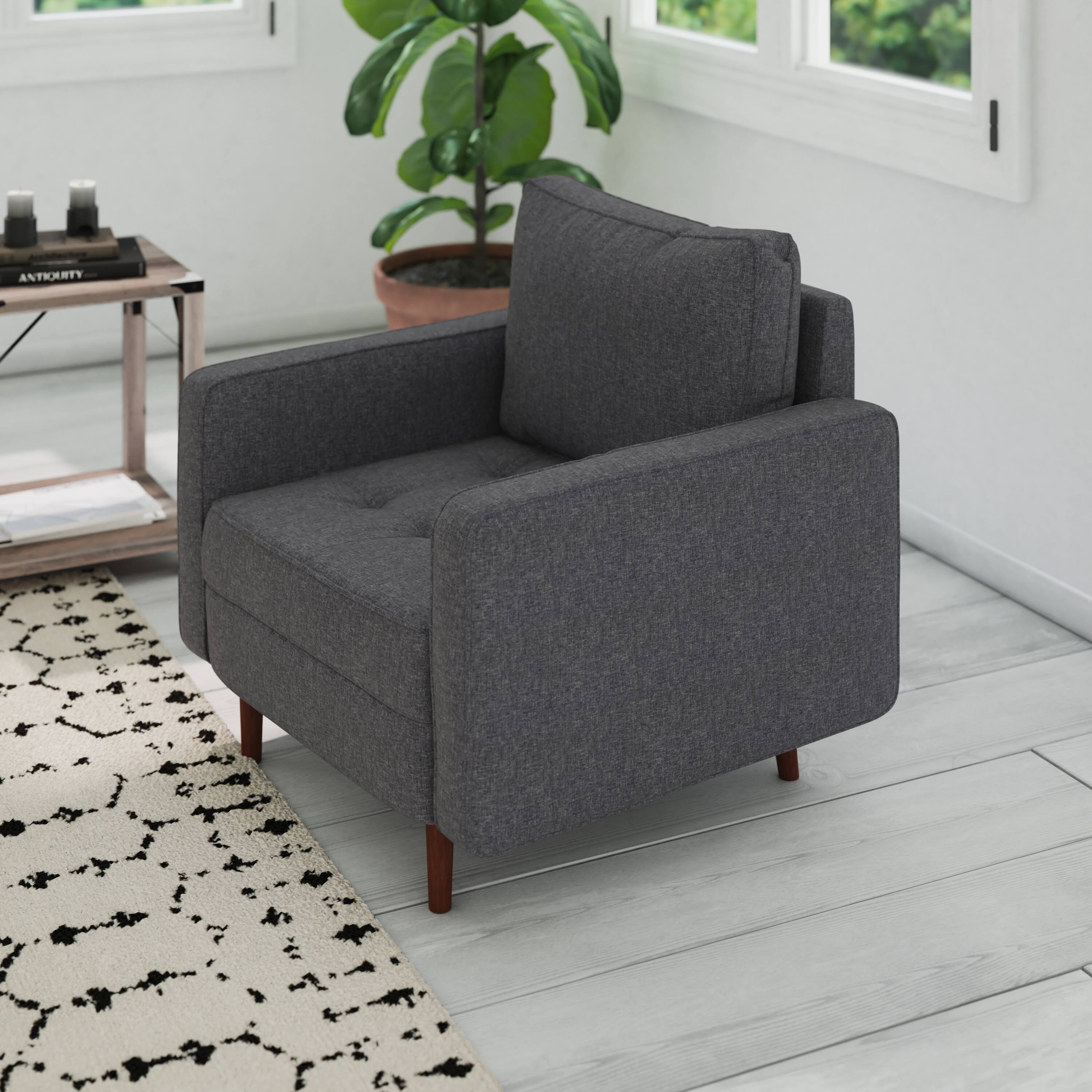 Alt View 3. Emma + Oliver - Holden Upholstered Mid-Century Modern Pocket Spring Accent Chair with Wooden Legs and Removable Back Pillows - Dark Gray.