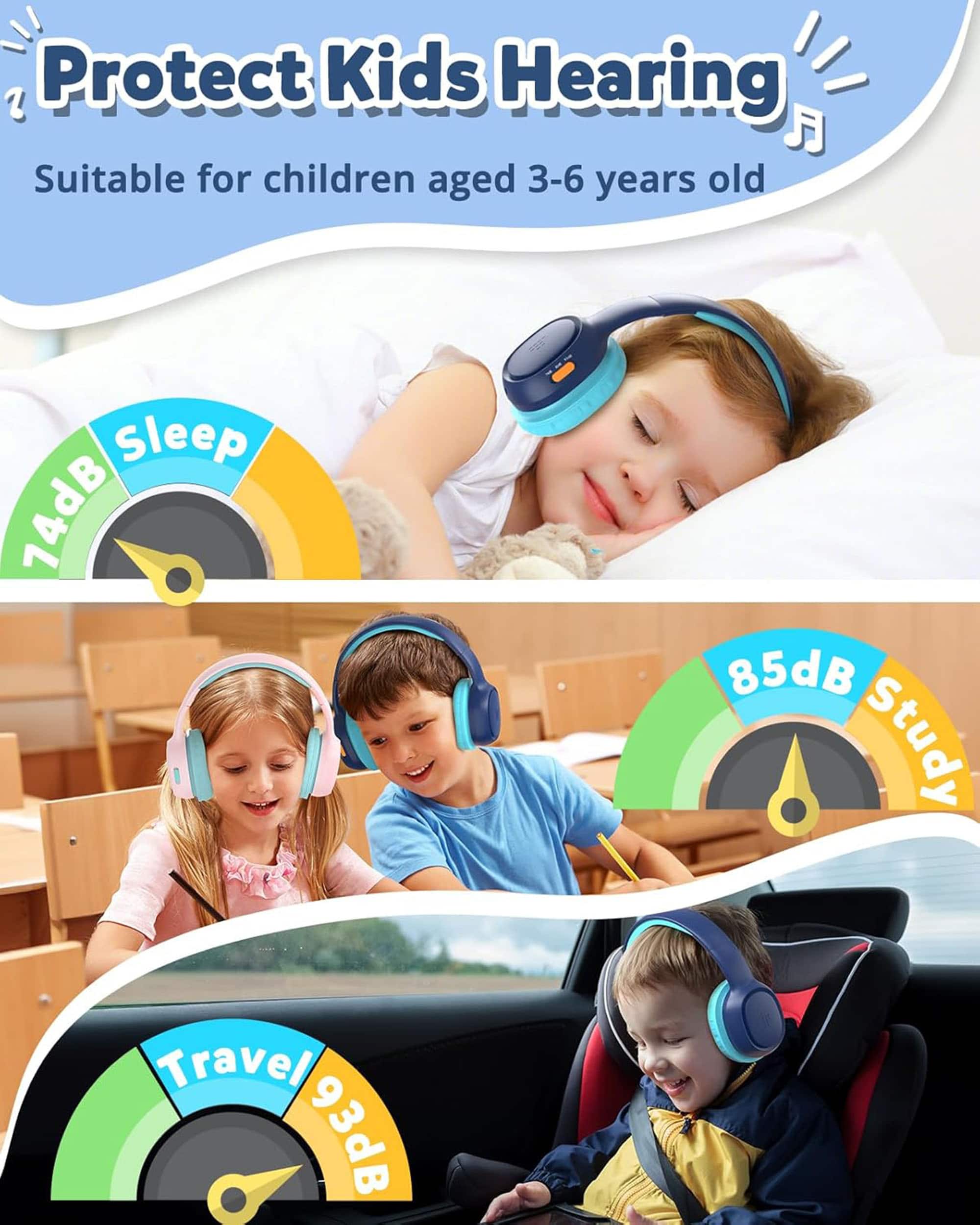 Protect Kids Hearing Suitable for children aged 3-6 years old Sleep 14dB 85dB Study Travel 93dB