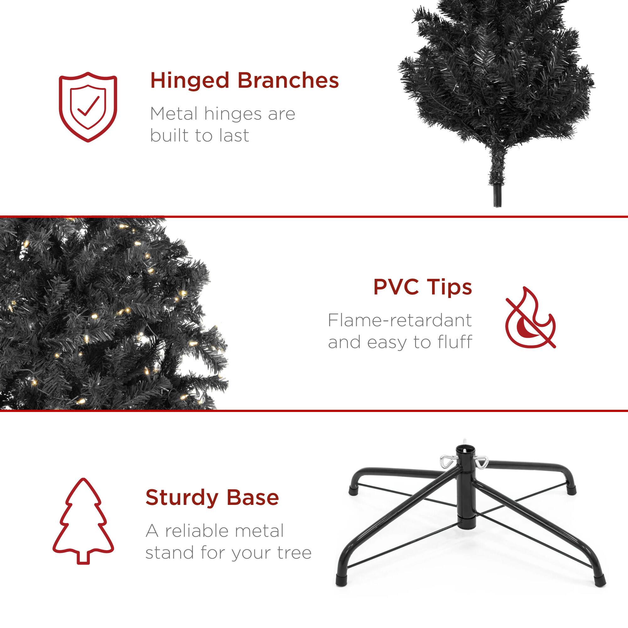 Hinged Branches  
Metal hinges are built to last  

PVC Tips  
Flame-retardant and easy to fluff  

Sturdy Base  
A reliable metal stand for your tree