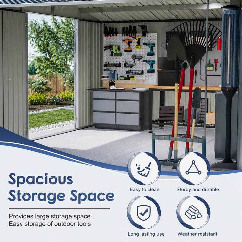 Spacious Storage Space  
Provides large storage space, easy storage of outdoor tools  
Easy to clean  
Sturdy and durable  
Long lasting use  
Weather resistant