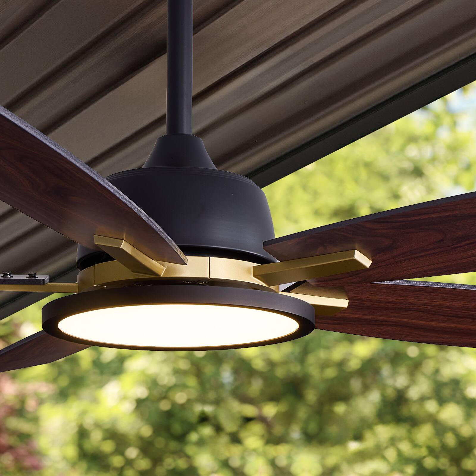 Alt View 1. Siljoy - 52 Inch 5 Blade Composite Wood Farmhouse Ceiling Fan with LED Light Remote and App for Bedroom Living Room - Matte Black and Gold.