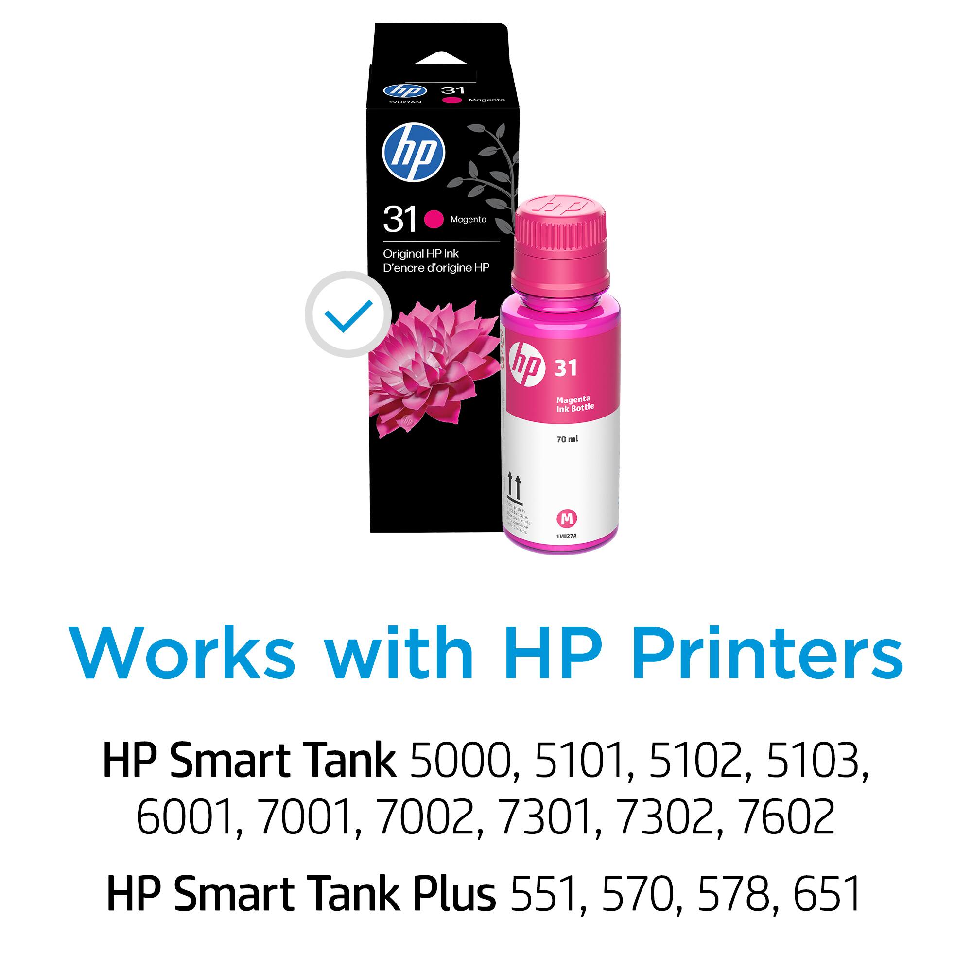 HP 31 Magenta Original HP Ink D'encre d'origine HP 70 ml

Works with HP Printers

HP Smart Tank 5000, 5101, 5102, 5103, 6001, 7001, 7002, 7301, 7302, 7602

HP Smart Tank Plus 551, 570, 578, 651