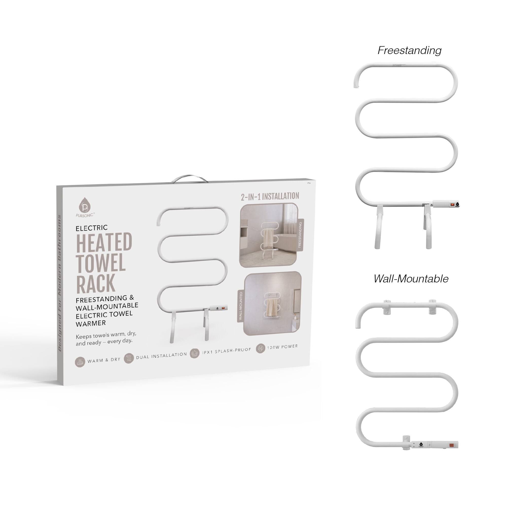 2-IN-1 INSTALLATION PURSONIC ELECTRIC HEATED TOWEL RACK FREESTANDING & WALL-MOUNTABLE ELECTRIC TOWEL WARMER  
Keeps towels warm, dry, and ready every day.  
20W POWER  
IPX1 SPLASH-PROOF  
DUAL INSTALLATION  
WARM & DRY  
Freestanding  
Wall-Mountable
