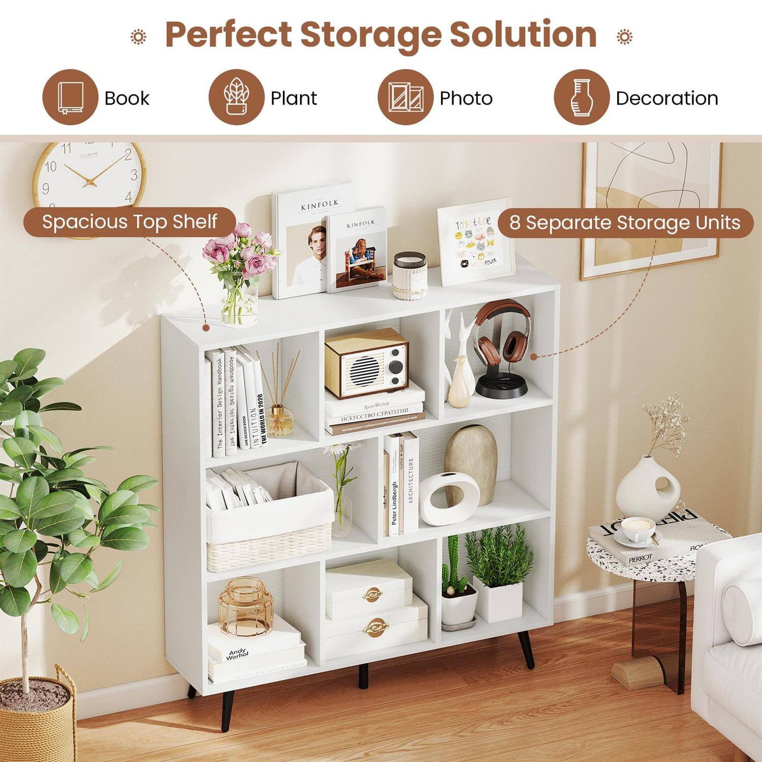 Perfect Storage Solution  
Book Plant Photo Decoration  

Spacious Top Shelf  

8 Separate Storage Units
