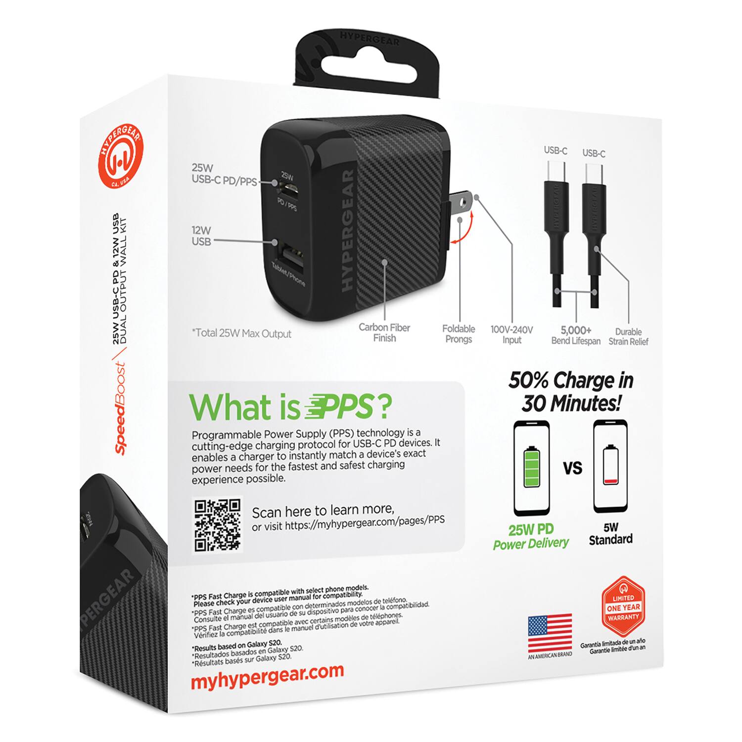 **HYPERGEAR**

**SNETROTEADL USB-C USB-C 25W USB-C PD/PPS 256 30% HIVPREOTZY USB KIT 12W HYPERGEAR USB 12W WALL 4 "llen PD niotrn USB-C OUTPUT DUAL Carbon Fiber Foldable 100V-240V 5,000+ 25W "Total 25W Max Output Durable Finish Prongs Input Bend Lifespan Strain Relief 50% Charge in SpeedBoost**

**What is PPS?**

Programmable Power Supply (PPS) technology is a cutting-edge charging protocol for USB-C PD devices. It enables a charger to instantly match a device's exact power needs for the fastest and safest charging experience possible.

Scan here to learn more, or visit [https://myhypergear.com/pages/PPS](https://myhypergear.com/pages/PPS)

**50% Charge in 30 Minutes!**

**25W PD Power Delivery** vs **5W Standard**

**PPS Fast Charge** is compatible with select phone models. Consult your device user manual for compatibility.

**Results based