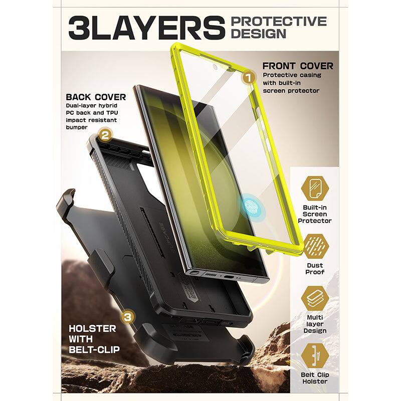 3LAYERS PROTECTIVE DESIGN

BACK COVER
Dual-layer hybrid PC back and TPU impact resistant bumper

FRONT COVER
Protective casing with built-in screen protector

HOLSTER WITH BELT-CLIP

Built-in Screen Protector
Dust Proof
Multi layer Design
Belt Clip Holster