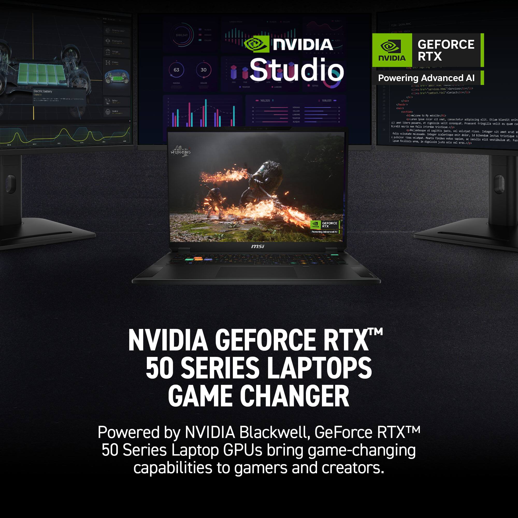 NVIDIA GEFORCE RTX™ 50 SERIES LAPTOPS GAME CHANGER  
Powered by NVIDIA Blackwell, GeForce RTX™ 50 Series Laptop GPUs bring game-changing capabilities to gamers and creators.
