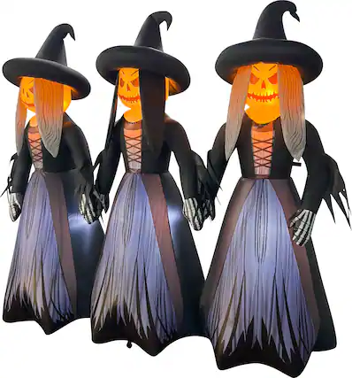Front. GOOSH Inflatables - GOOSH 7FT Inflatable Trio of Pumpkin Witches – Light-Up Halloween Yard Decoration - Black.