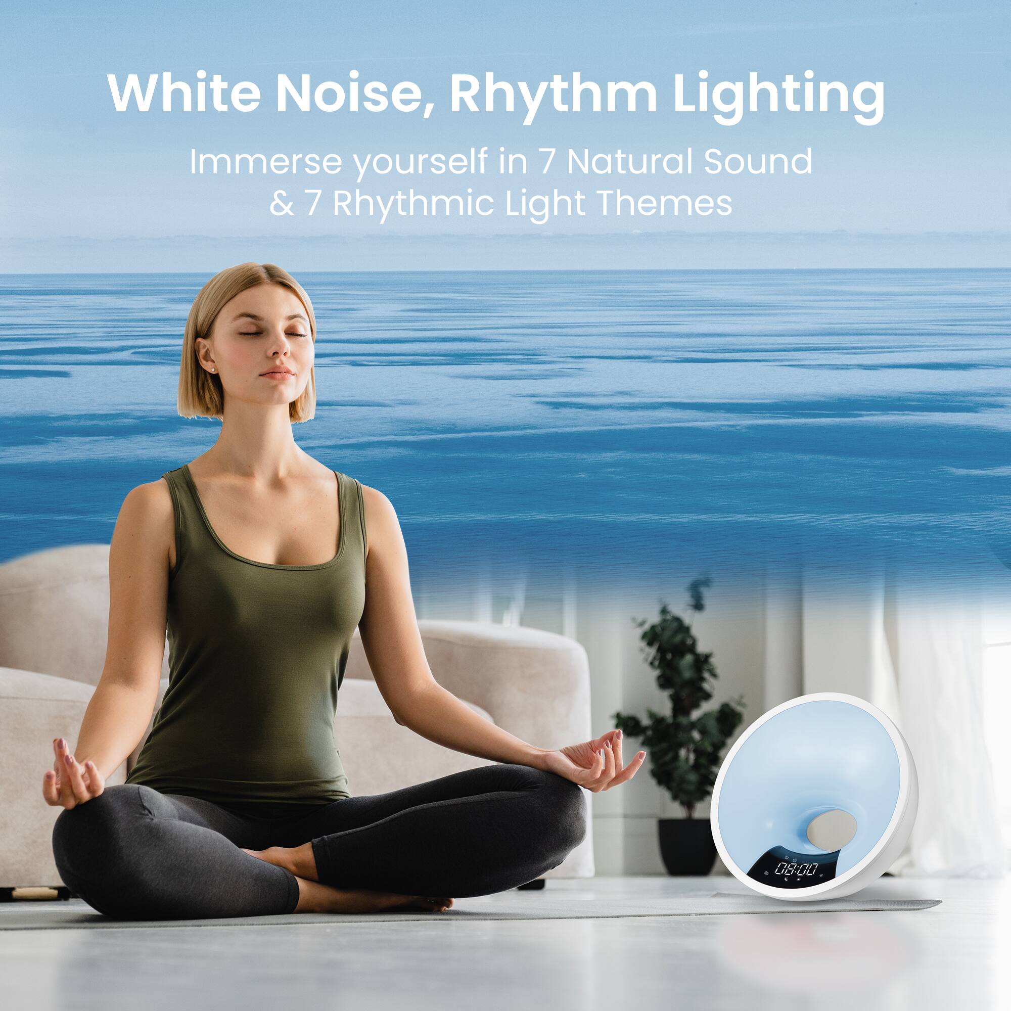 White Noise, Rhythm Lighting  
Immerse yourself in 7 Natural Sound & 7 Rhythmic Light Themes