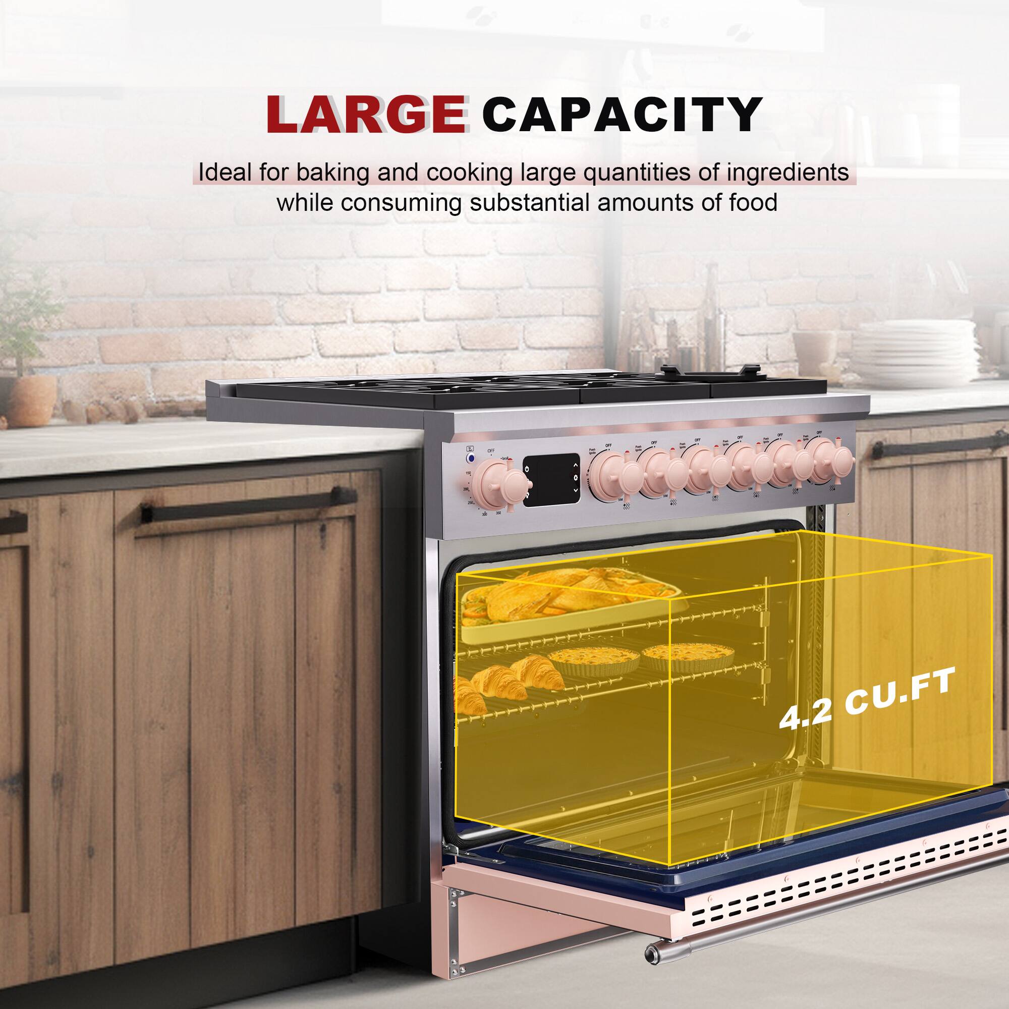 LARGE CAPACITY

Ideal for baking and cooking large quantities of ingredients while consuming substantial amounts of food

4.2 CU.FT