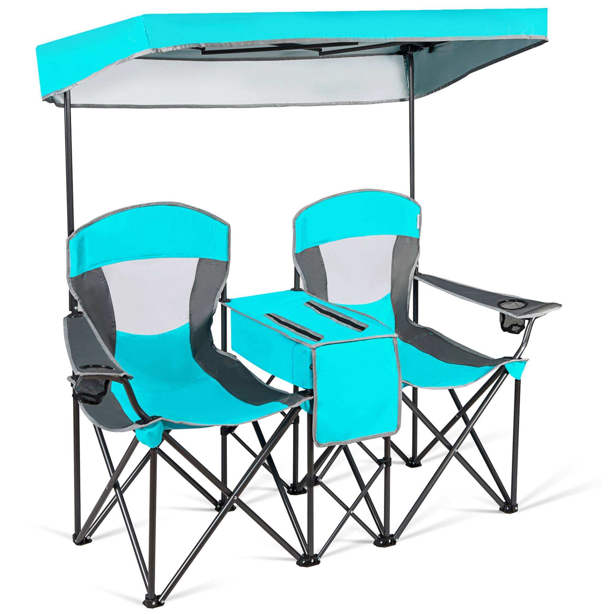 Alt View 3. Gymax - Gymax Folding 2-person Camping Chairs Double Sunshade Chairs w/ Canopy Turquoise - Turquoise.