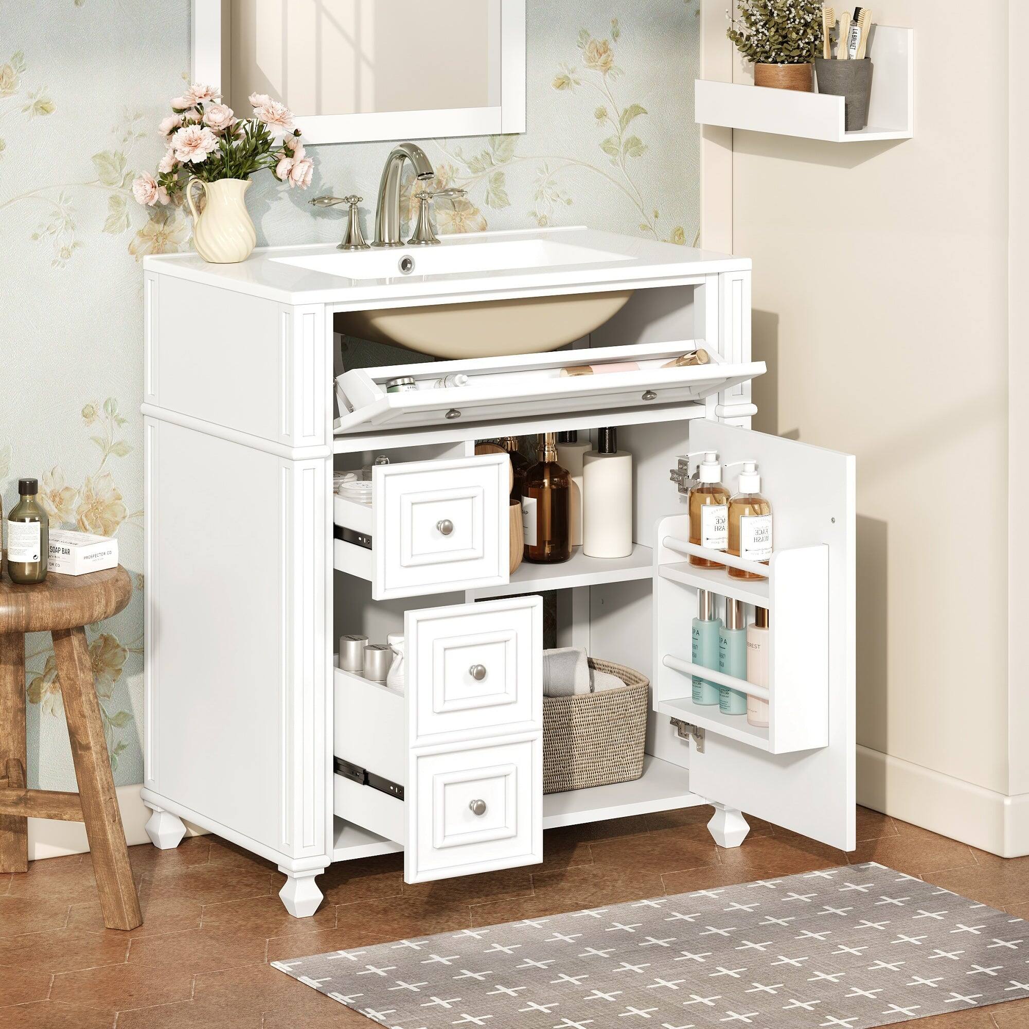 Alt View 5. Boyel Living - 30 Inch French Style Bathroom Vanity with Ceramic Sink and Storage White - White.