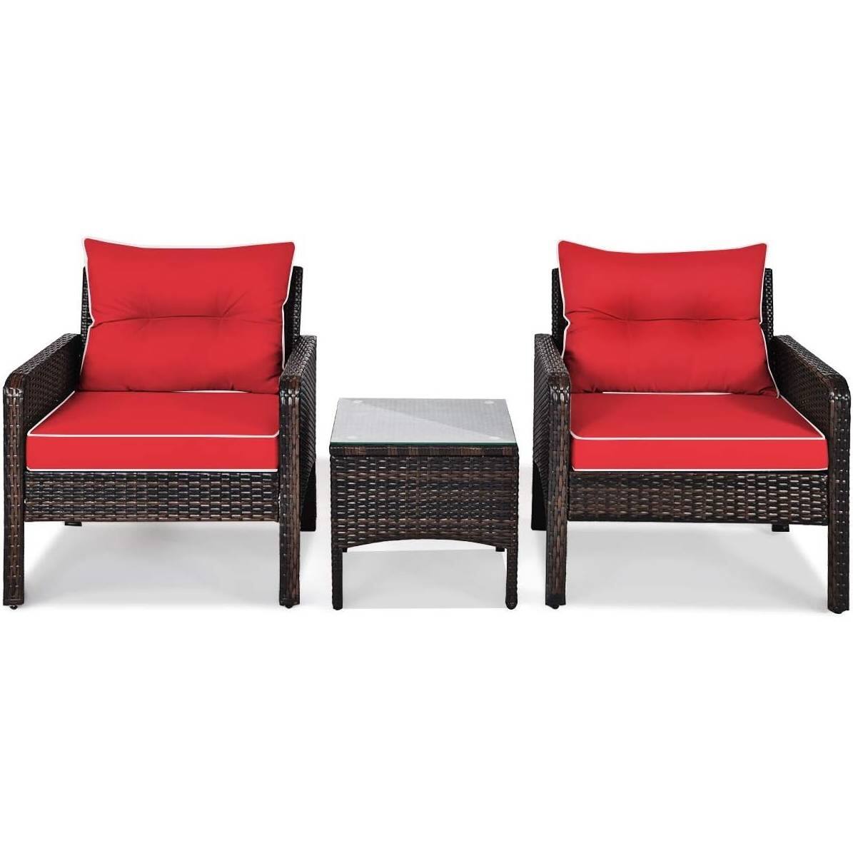 Angle. Hivvago - 3-Piece Brown PE Rattan Outdoor Dining Patio Furniture Set with Red Cushions - Red, Brown.