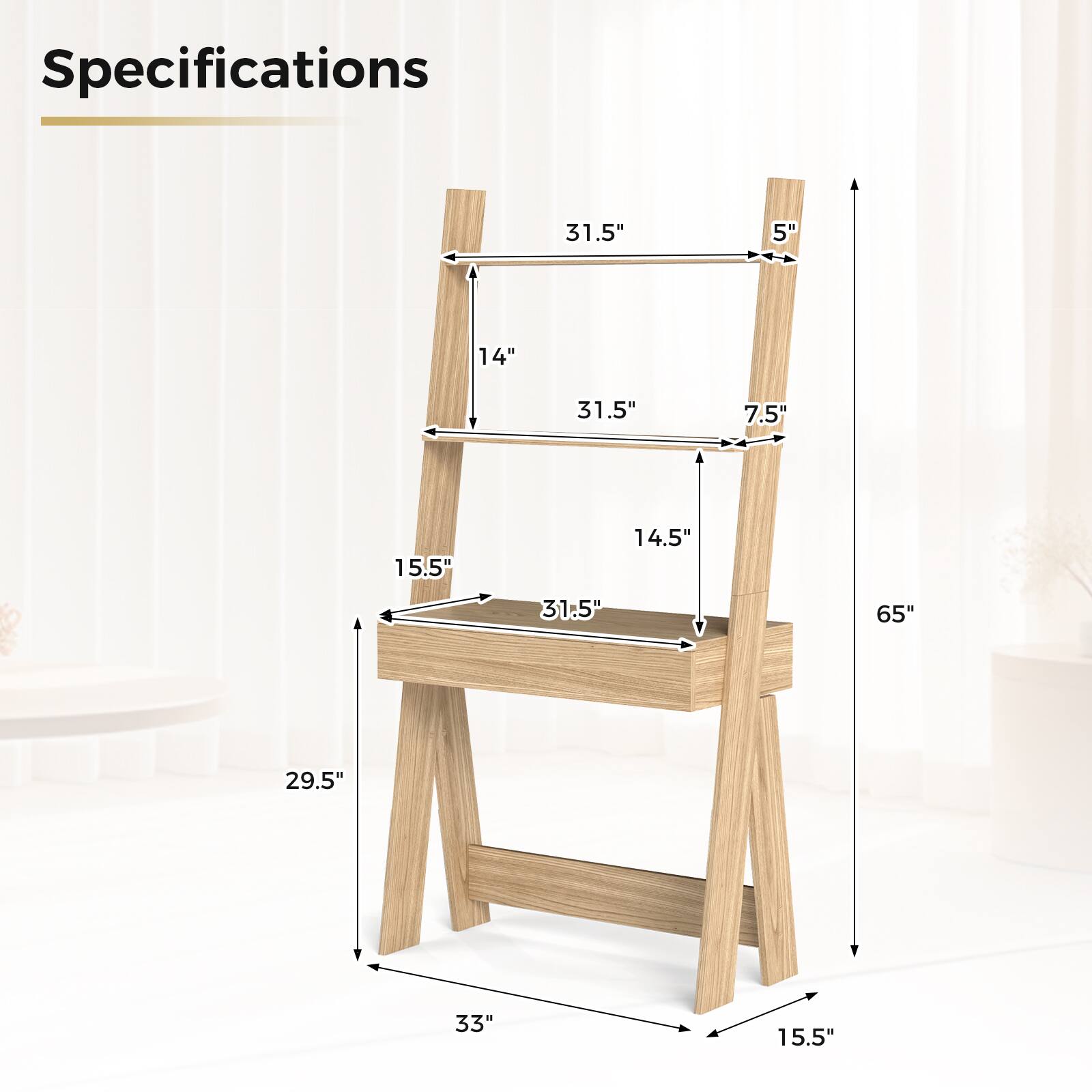Specifications: 31.5" x 5" x 14" x 31.5" x 7.5" x 15.5" x 14.5" x 31.5" x 65" x 29.5" x 33" x 15.5".