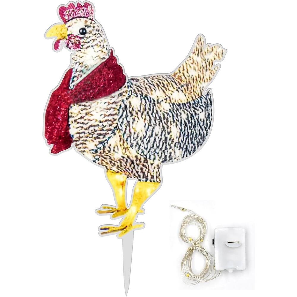 Left. Schertz - 2 PCS Medium Light-Up Chicken with Scarf, LED Christmas Yard Decoration - Red.