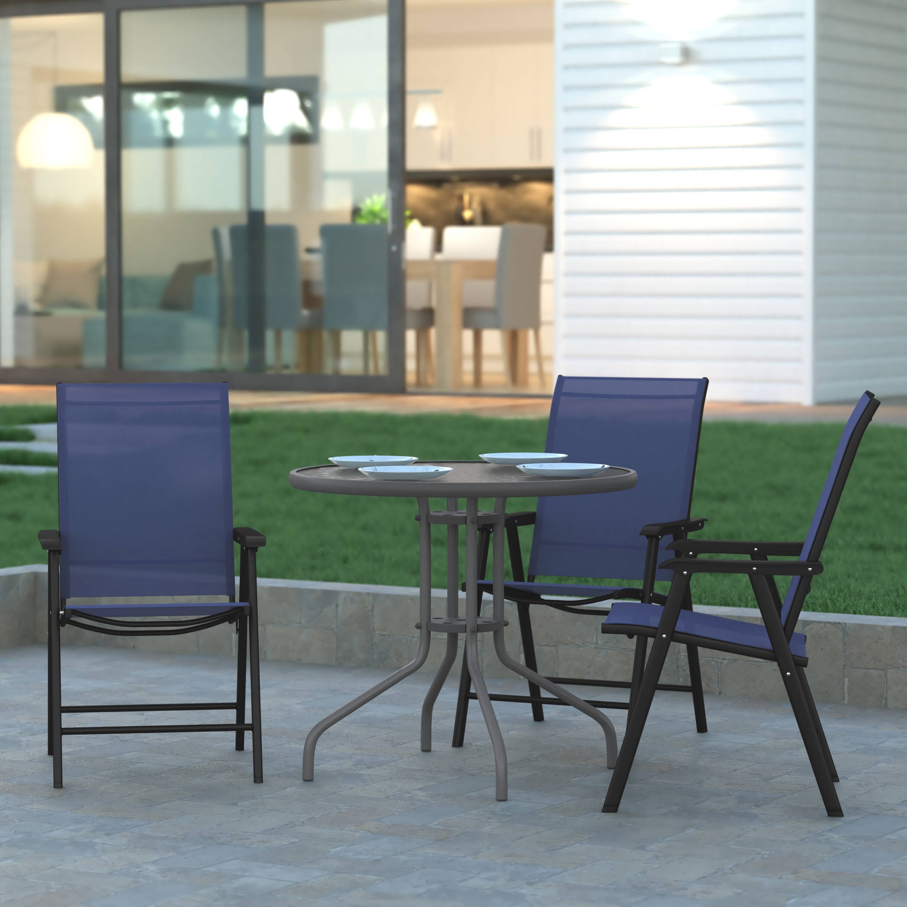 Alt View 2. Emma + Oliver - Outdoor Folding Patio Sling Chair / Portable Chair (2 Pack) - Navy.