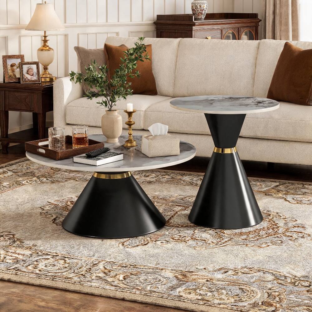 Alt View 6. Loheer - Loheer Round Nesting Coffee Table Set of 2 Sintered Stone Top Black Pedestal Base - Black and Gold.