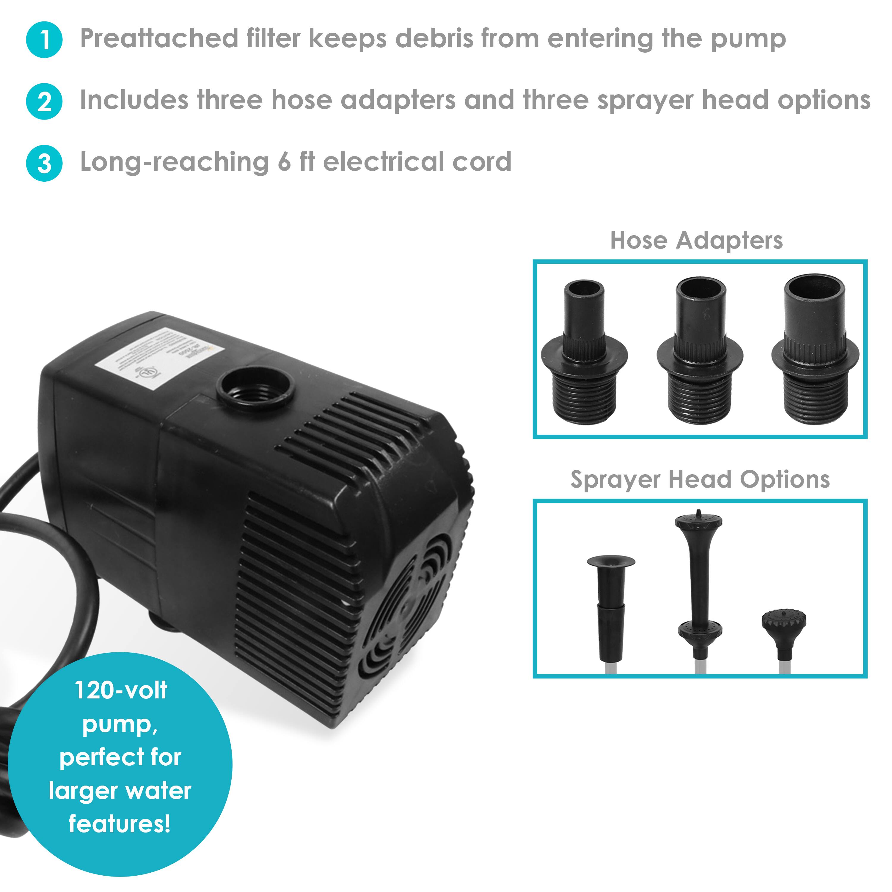 1. Preattached filter keeps debris from entering the pump
2. Includes three hose adapters and three sprayer head options
3. Long-reaching 6 ft electrical cord

Hose Adapters

Sprayer Head Options

120-volt pump, perfect for larger water features!