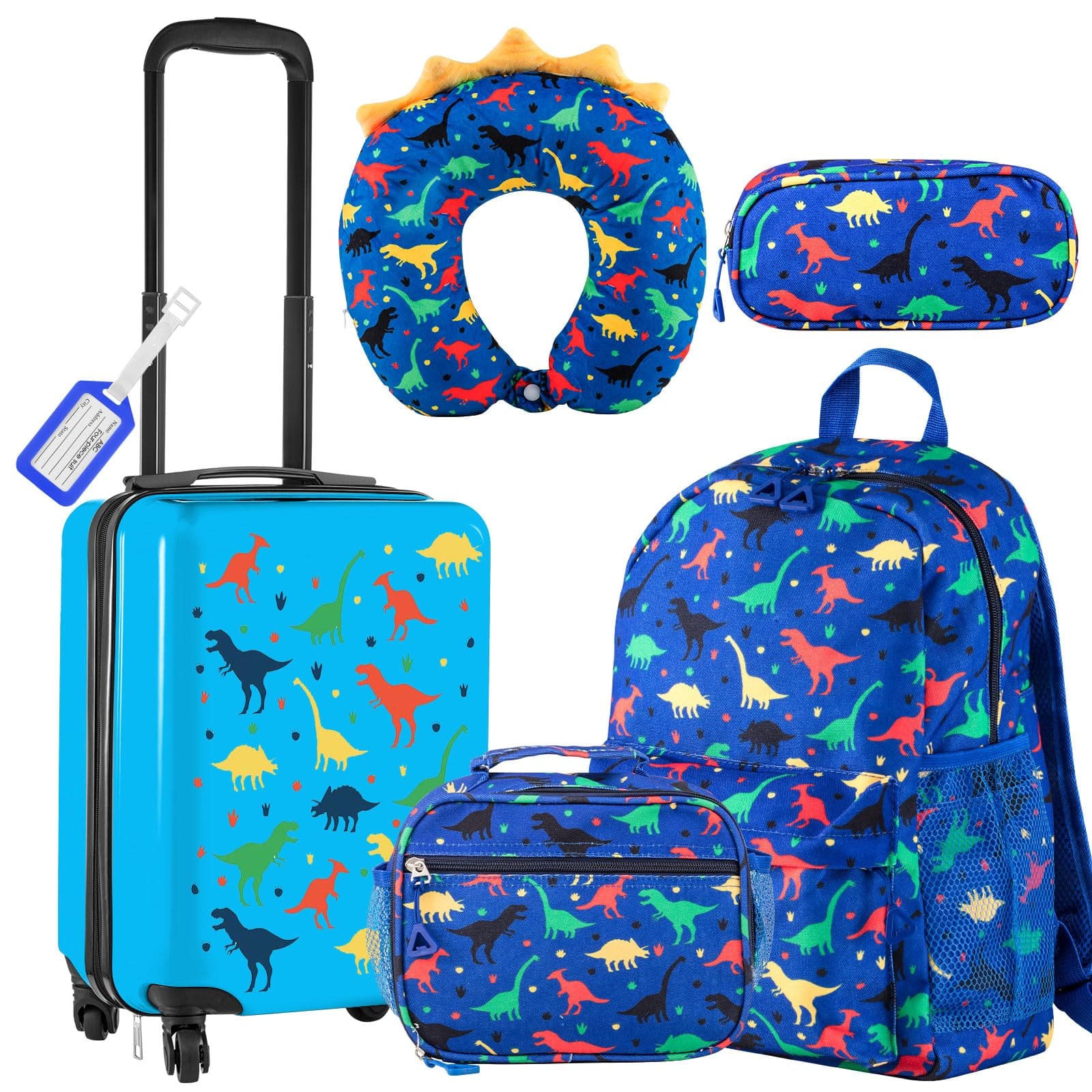 Dapper Styles - 6 Luggage Set Rolling Double Pattern Suitcase pieces there canvas - Dark Blue-17 Inch-Dinosaur Style