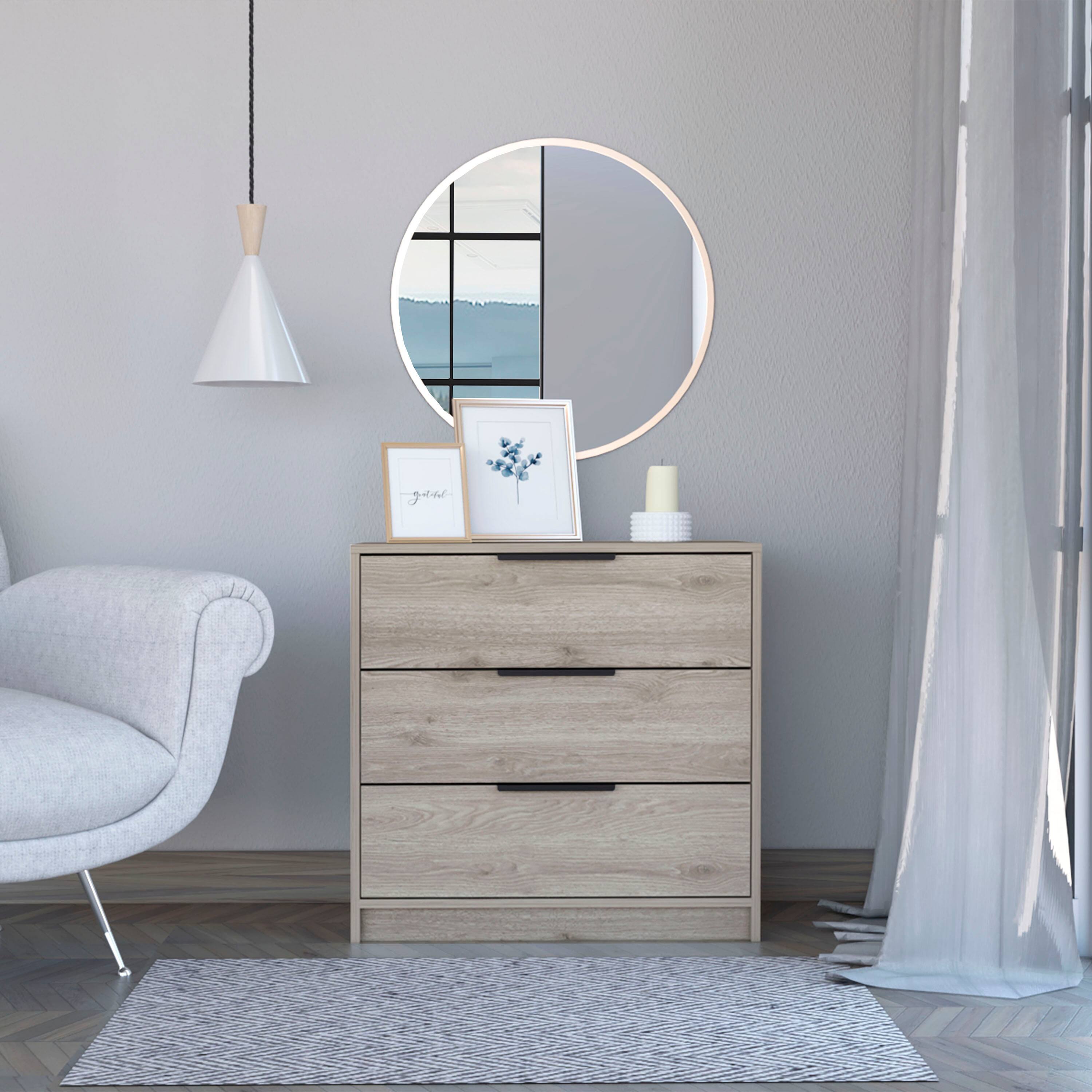 Angle. TuHome - Kaia 3 Drawers Dresser, Superior Top - Light Gray.