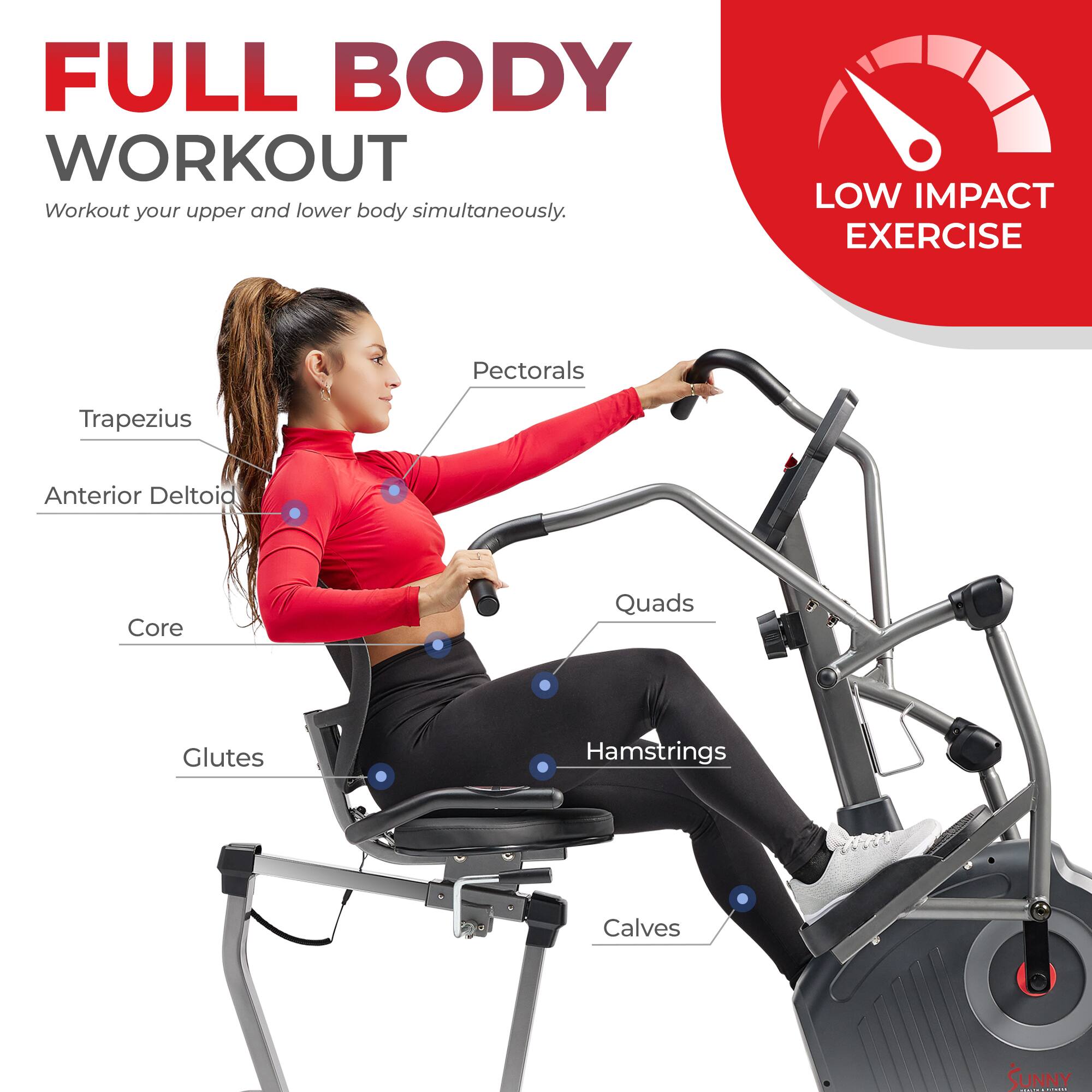 FULL BODY WORKOUT
Workout your upper and lower body simultaneously.
LOW IMPACT EXERCISE
Pectorals
Trapezius
Anterior Deltoid
Core
Quads
Glutes
Hamstrings
Calves
SUNNY |