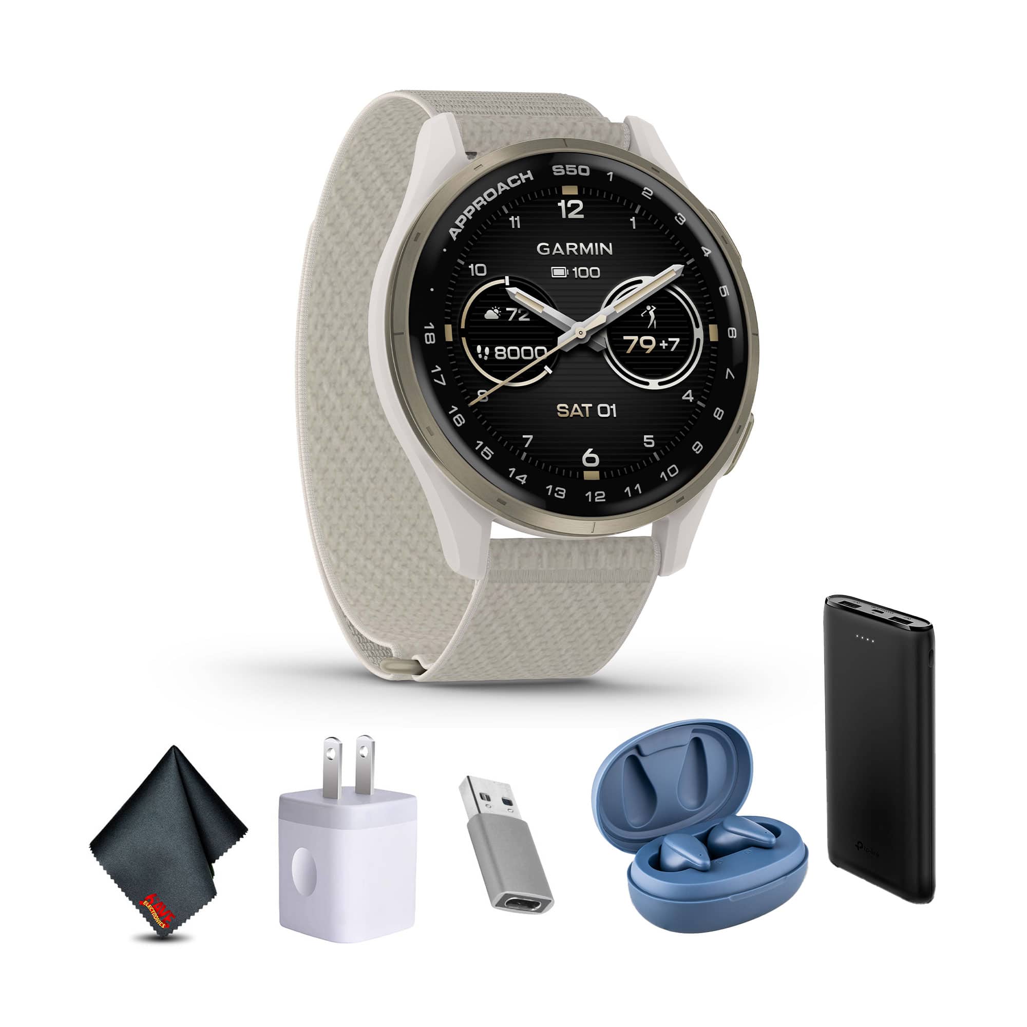 Garmin - Approach S50, Cream Gold/Ivory Nylon GPS Golf Smartwatch Bundle - Cream - (2025)