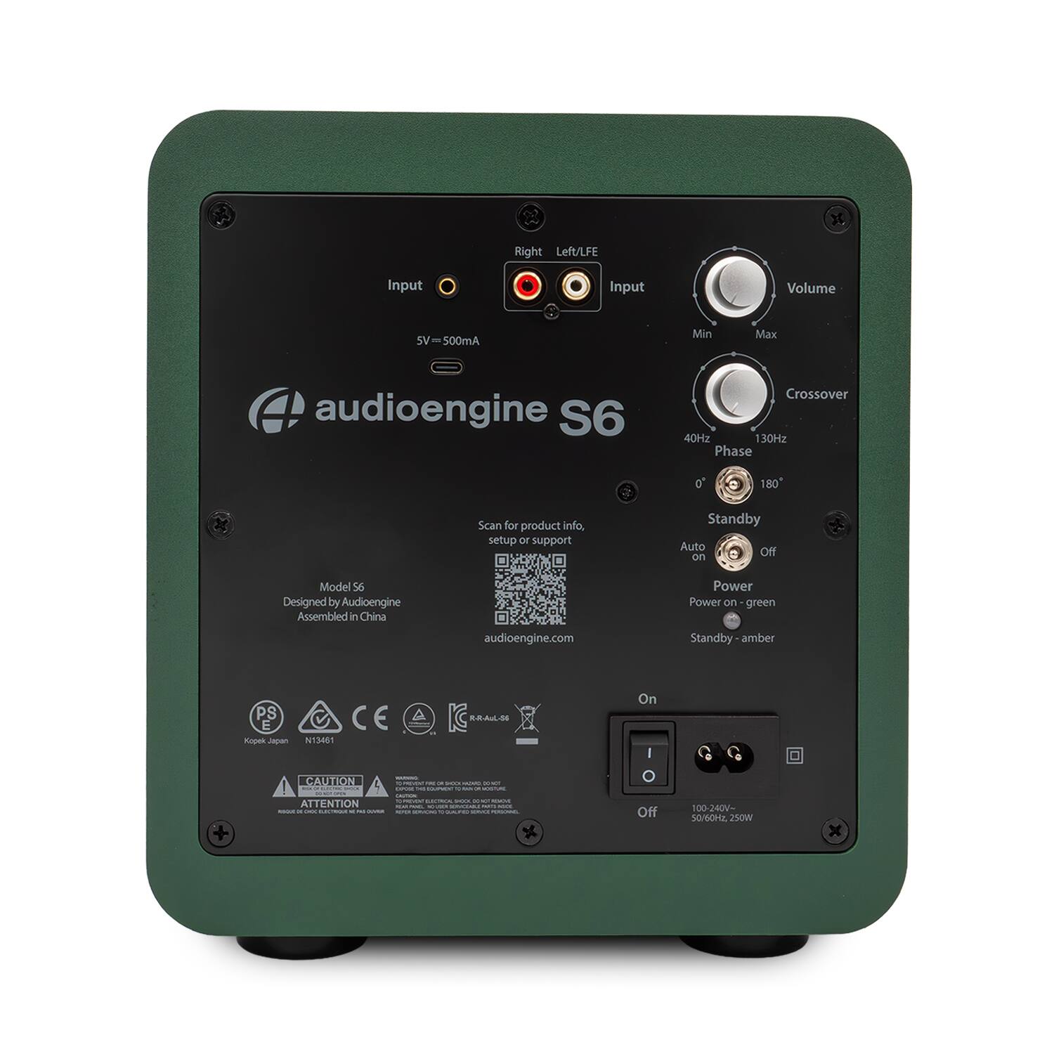 audioengine S6

Right Left/LFE Input  
Input  
5V = 500mA

Volume  
Min Max

Crossover  
40Hz 130Hz

Phase  
0° 180°

Standby  
Auto no on

Power  
Power on - green  
Standby - amber

Model 56  
Designed by Audioengine  
Assembled in China  
audioengine.com

Scan for product info, setup or support

PS CE  
Kopen Japan  
N13461

CAUTION | ATTENTION

100-240V~  
50/60Hz, 25W

On  
Off