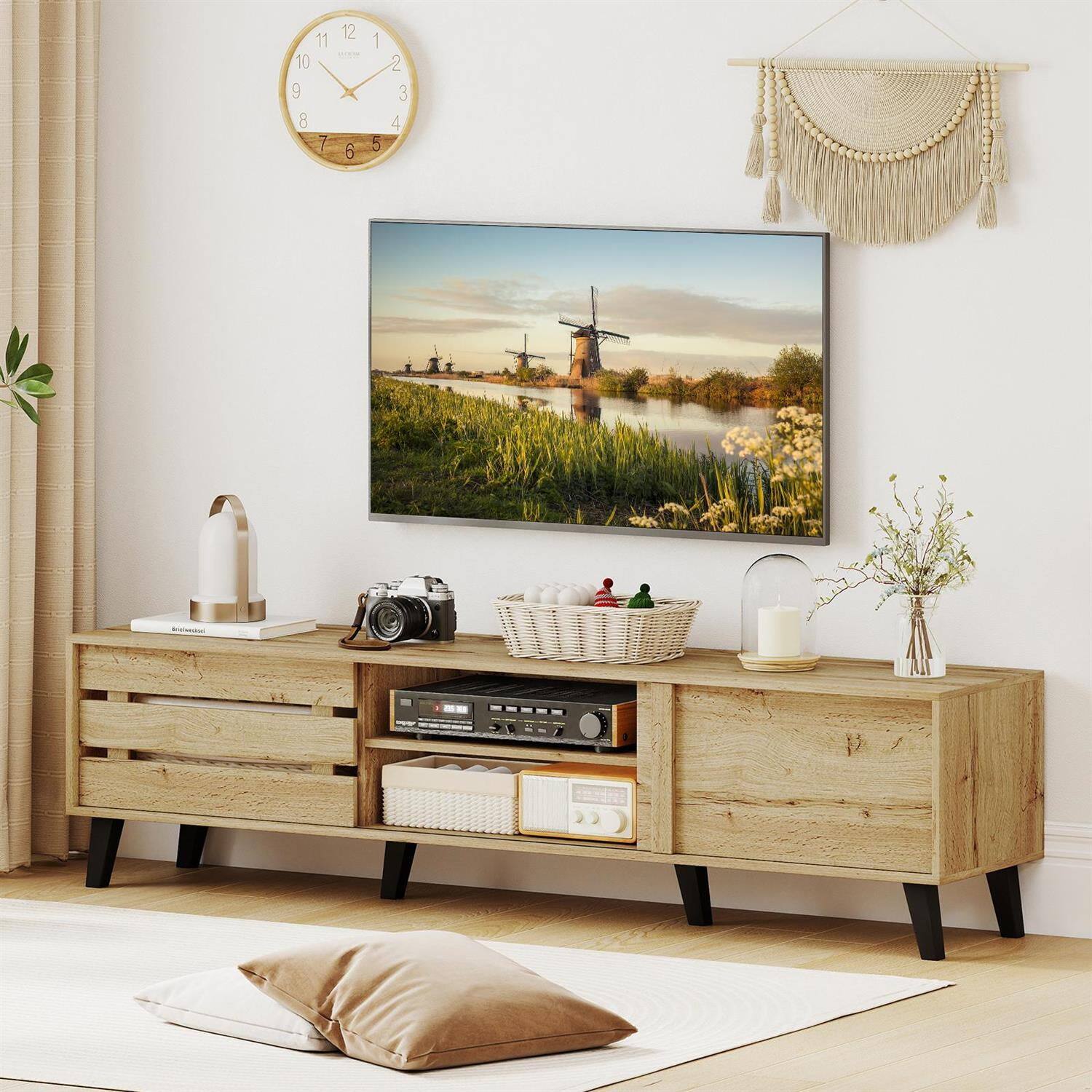 Left. Pefilos - Mid-Century Modern TV Stand, 80" TV Compatible, Sliding Door Cabinets & Open Storage Shelves, Oak (Brown) TV Cabinet - Brown.