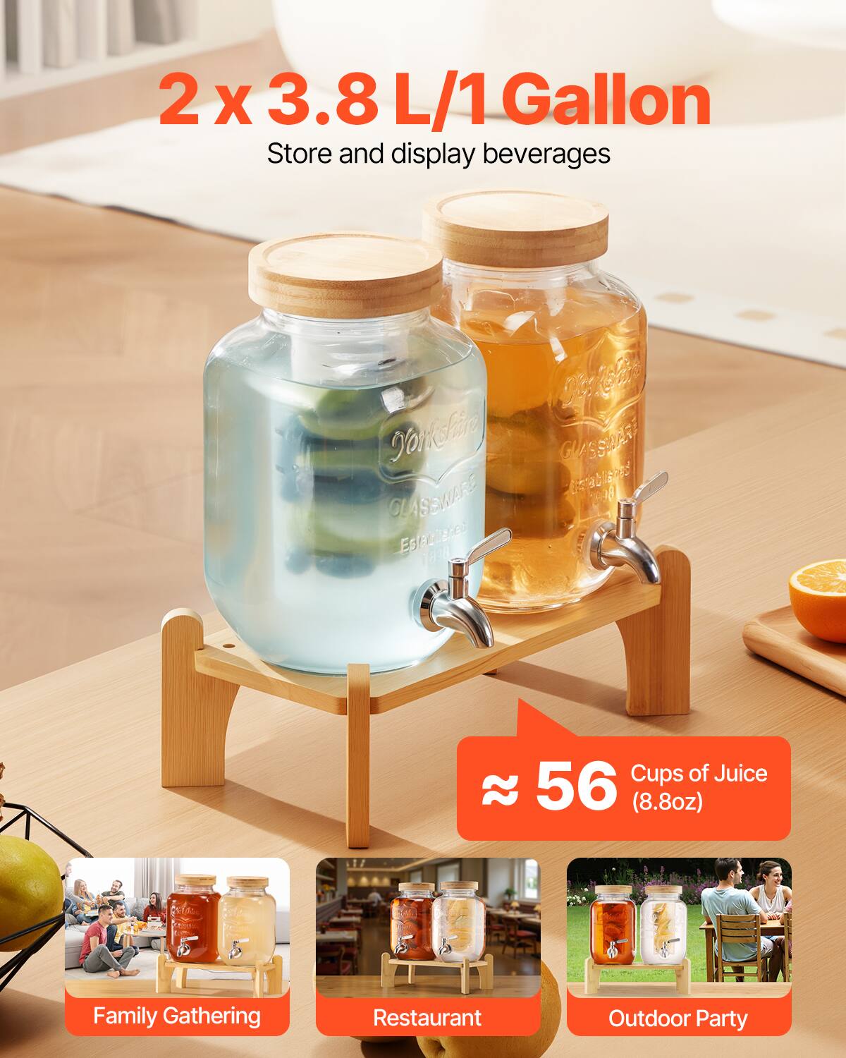 VEVOR - Beverage Dispenser, 2 Pack 1 Gallon Drink Dispensers for Parties, Glass Juice Dispenser with Wood Stand - Transparent - Thumbnail 5
