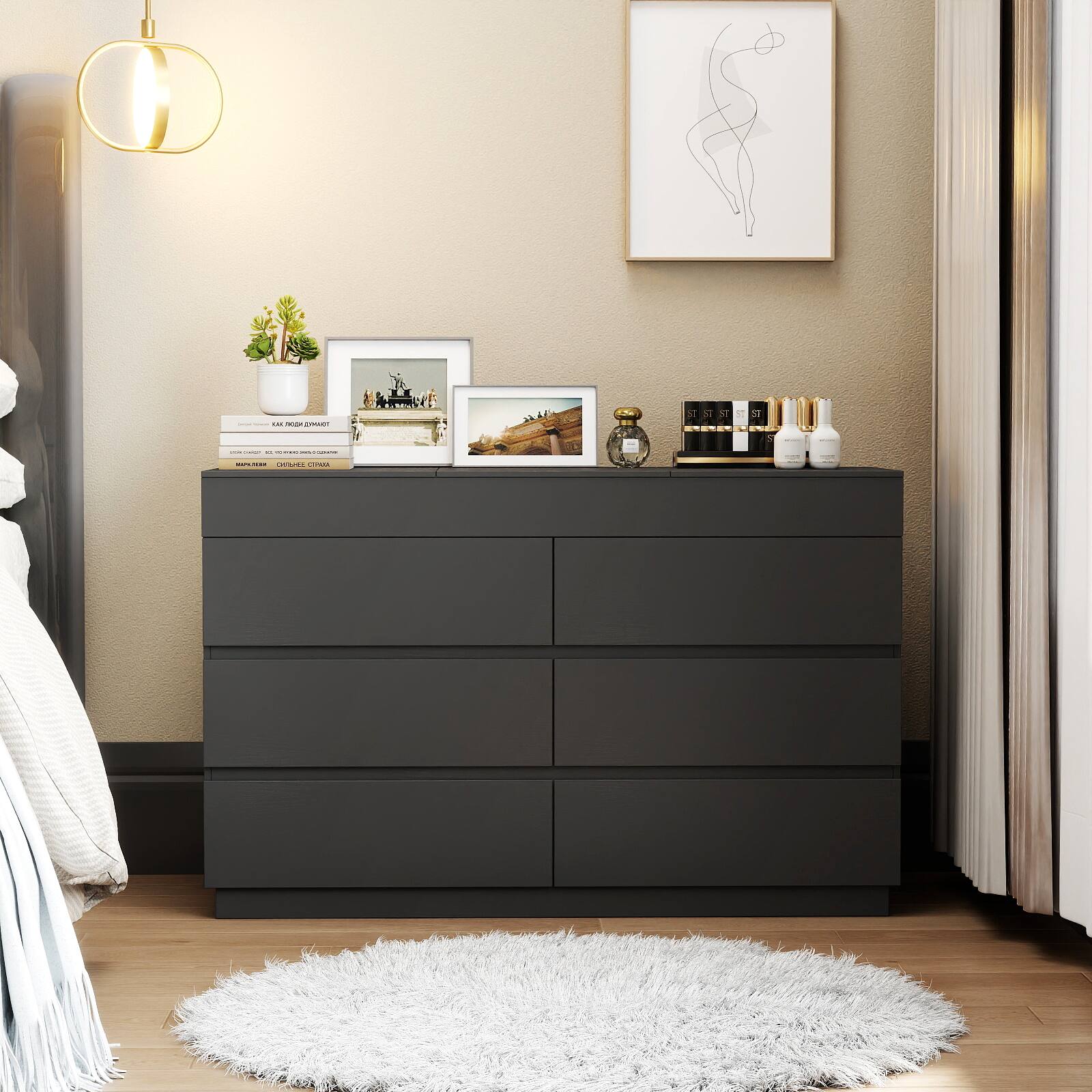 Alt View 3. Winado - 6-Drawer Chests of Drawers Dresser with Flip-Top Mirror and Hidden Compartment Storage Cabinet for Bedroom Living Room - Black.
