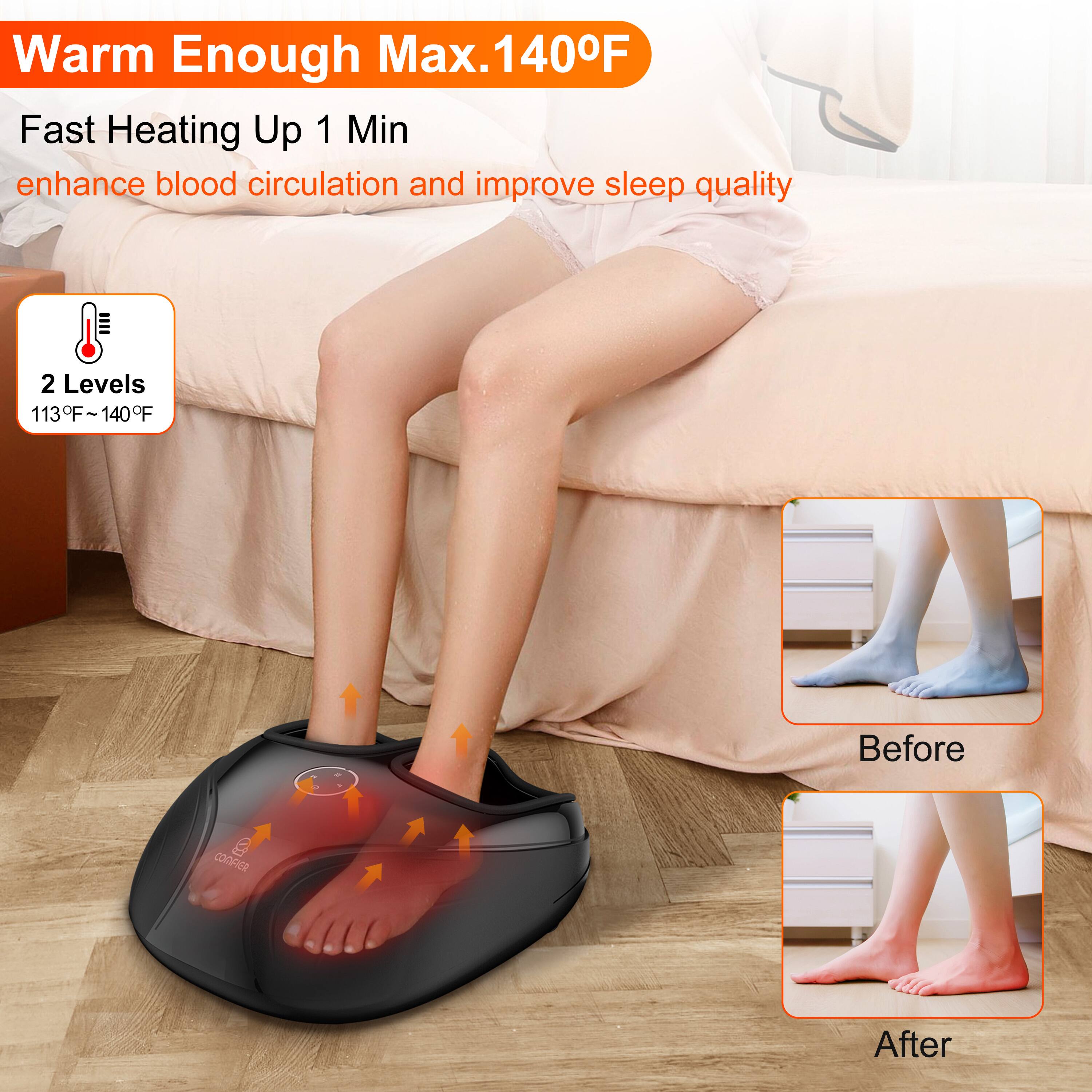 Warm Enough Max. 140°F  
Fast Heating Up 1 Min  
enhance blood circulation and improve sleep quality  

2 Levels  
113°F ~ 140°F  

Before  
After