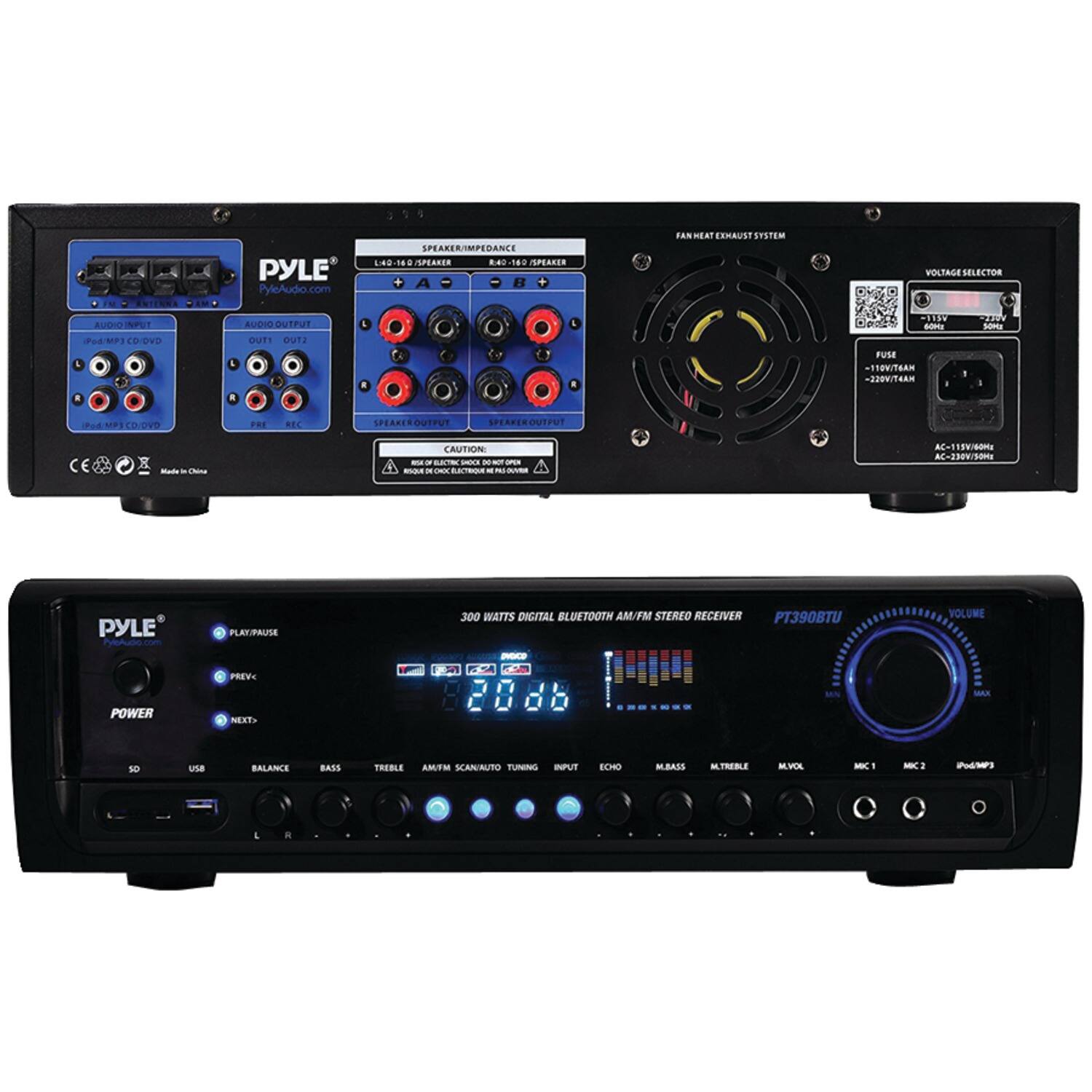 The image features a Pyle brand audio system with a speaker and amplifier. The speaker is placed on the left side of the image, while the amplifier is positioned on the right side. The amplifier has a digital display and a blue light, indicating that it is a stereo receiver. The speaker is equipped with a fuse and a power switch, ensuring safe and controlled operation. The Pyle brand is known for its audio products, and this particular setup is designed for high-quality sound reproduction.