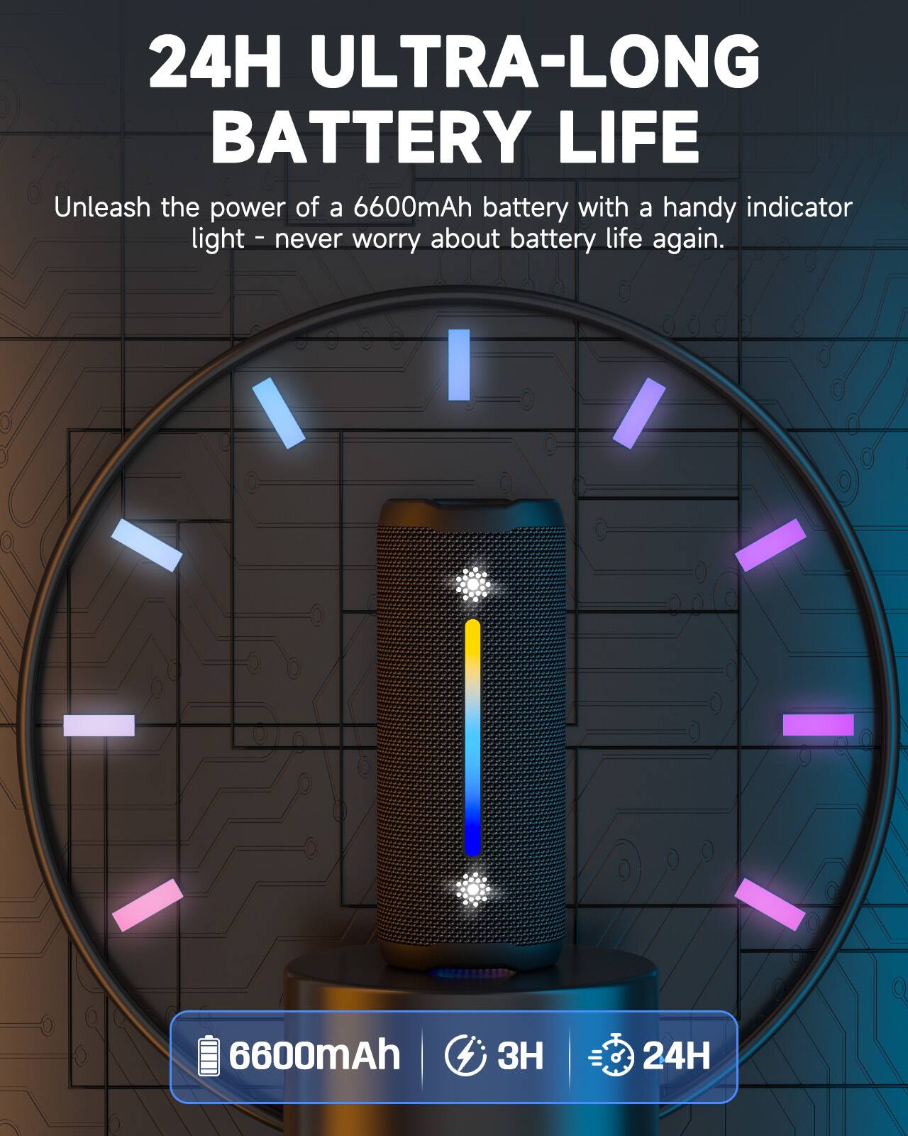 24H ULTRA-LONG BATTERY LIFE

Unleash the power of a 6600mAh battery with a handy indicator - never worry about battery life again.

6600mAh 3H 24H